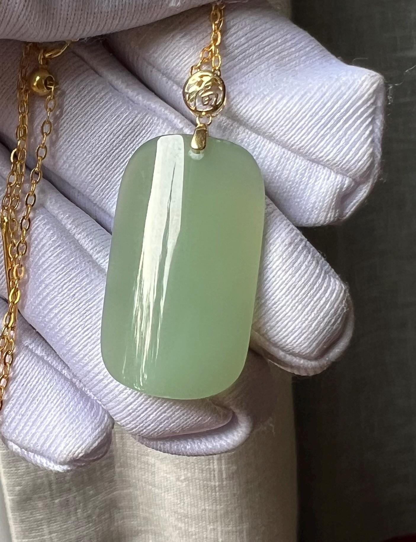 Certified natural nephrite green jade/ icy bluish green nephrite pendant/rectangle pendant necklace gold 18k 天然精品软玉 碧玉粉青吊坠#3657 冰底无结构 起莹光