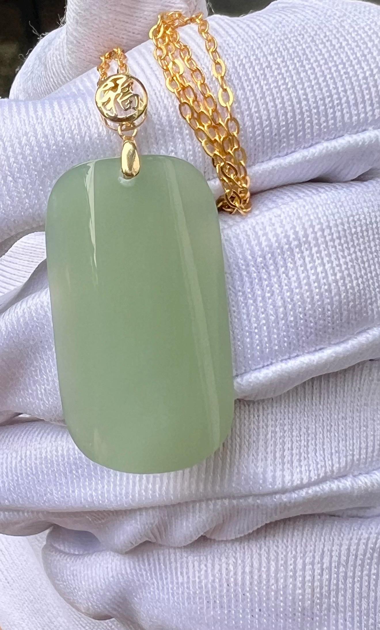 Certified natural nephrite green jade/ icy bluish green nephrite pendant/rectangle pendant necklace gold 18k 天然精品软玉 碧玉粉青吊坠#3657 冰底无结构 起莹光