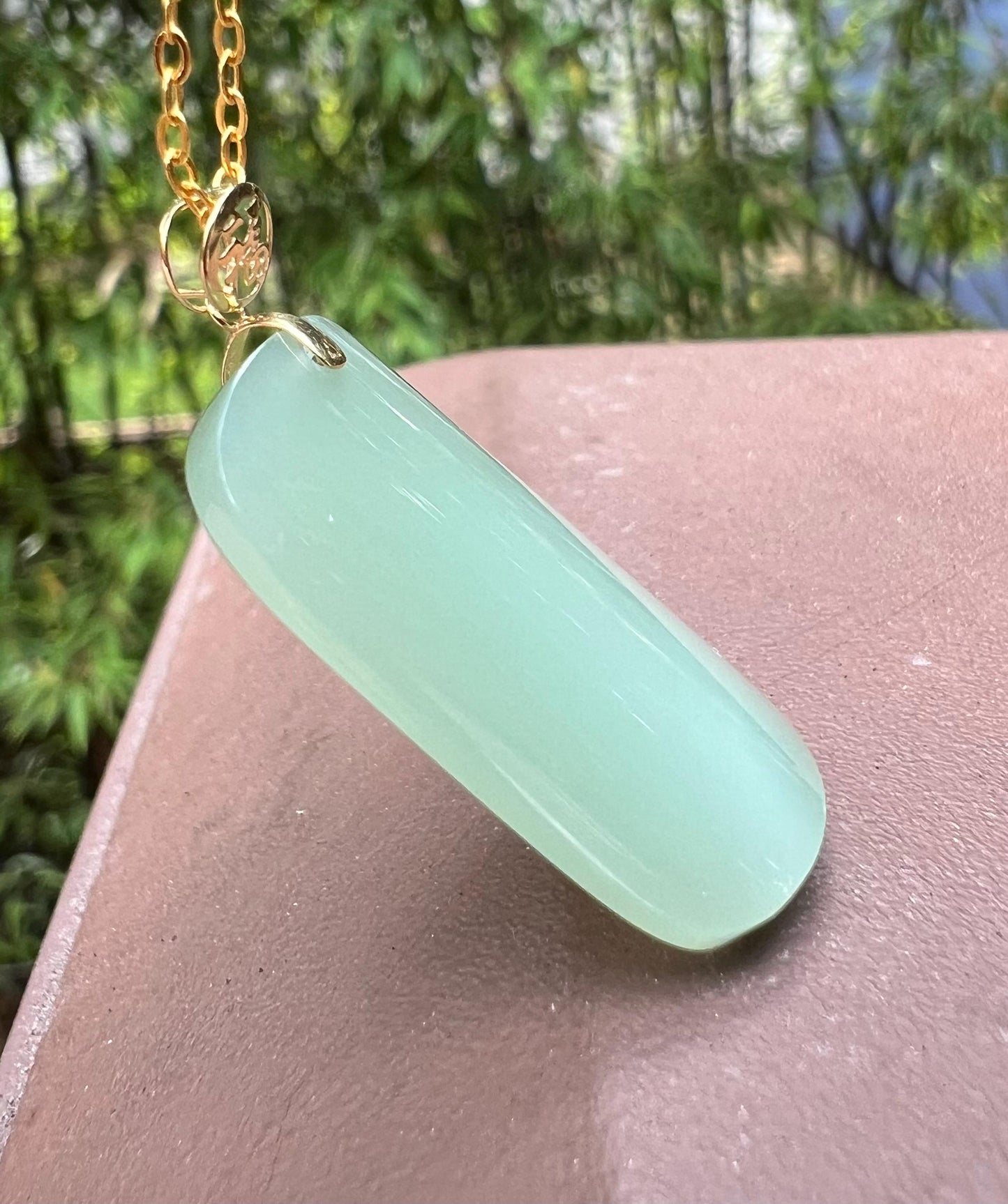 Certified natural nephrite green jade/ icy bluish green nephrite pendant/rectangle pendant necklace gold 18k 天然精品软玉 碧玉粉青吊坠#3657 冰底无结构 起莹光