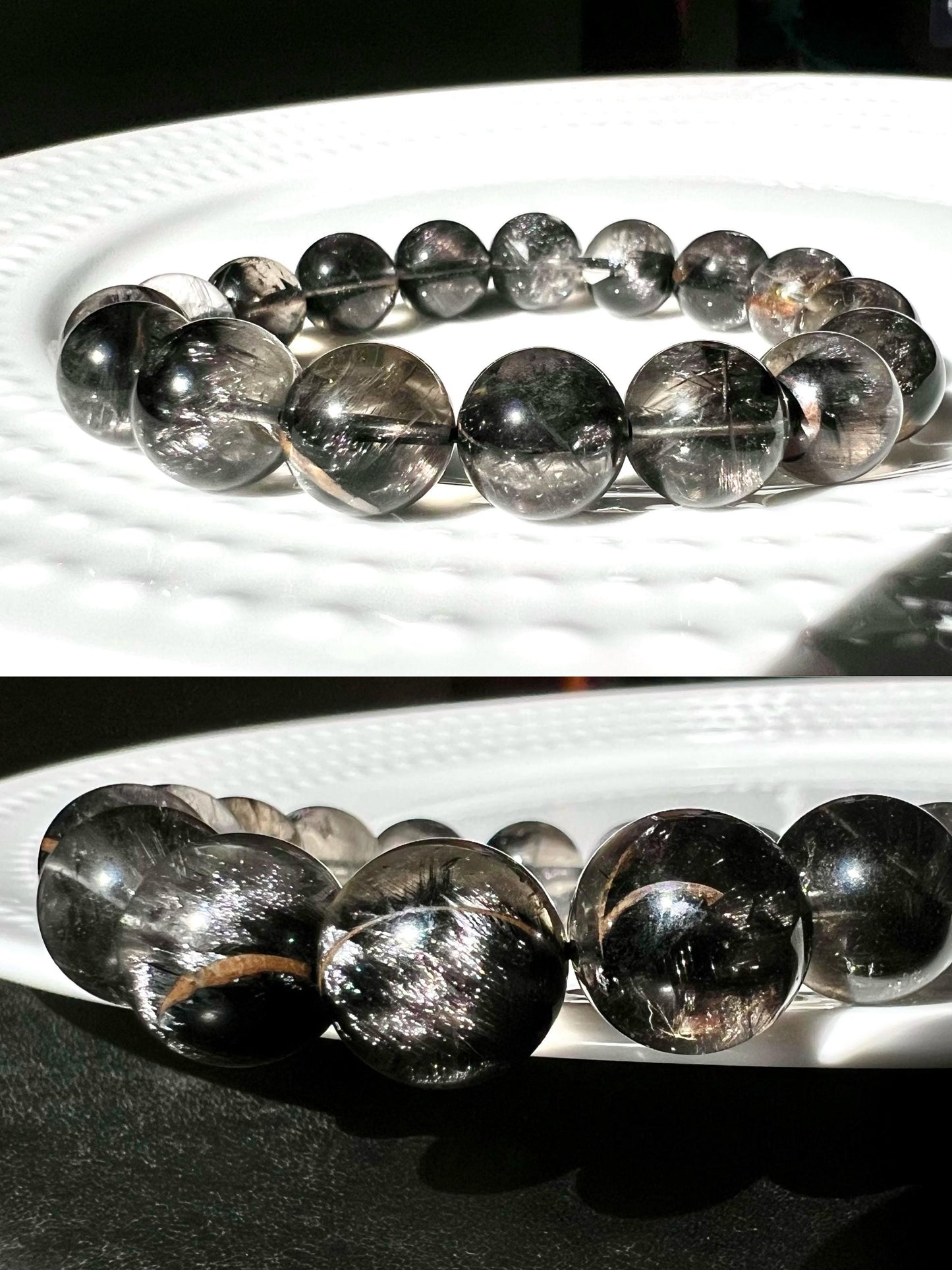 12mm+ Certified natural Brookite quartz bracelet/platy black silver brookite /silver chatoyancy天然收藏精品 黑银钛手串 顺发板钛猫眼 #8379