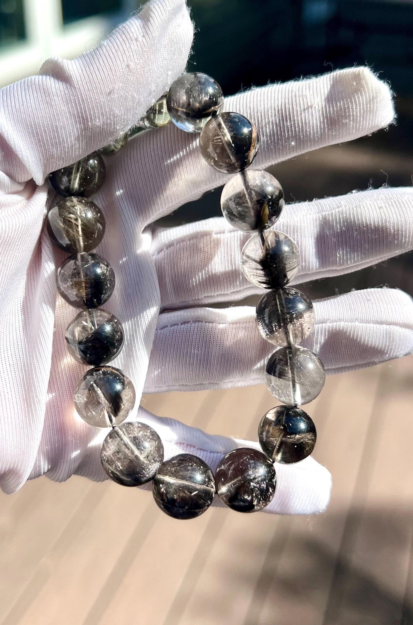12mm+ Certified natural Brookite quartz bracelet/platy black silver brookite /silver chatoyancy天然收藏精品 黑银钛手串 顺发板钛猫眼 #8379