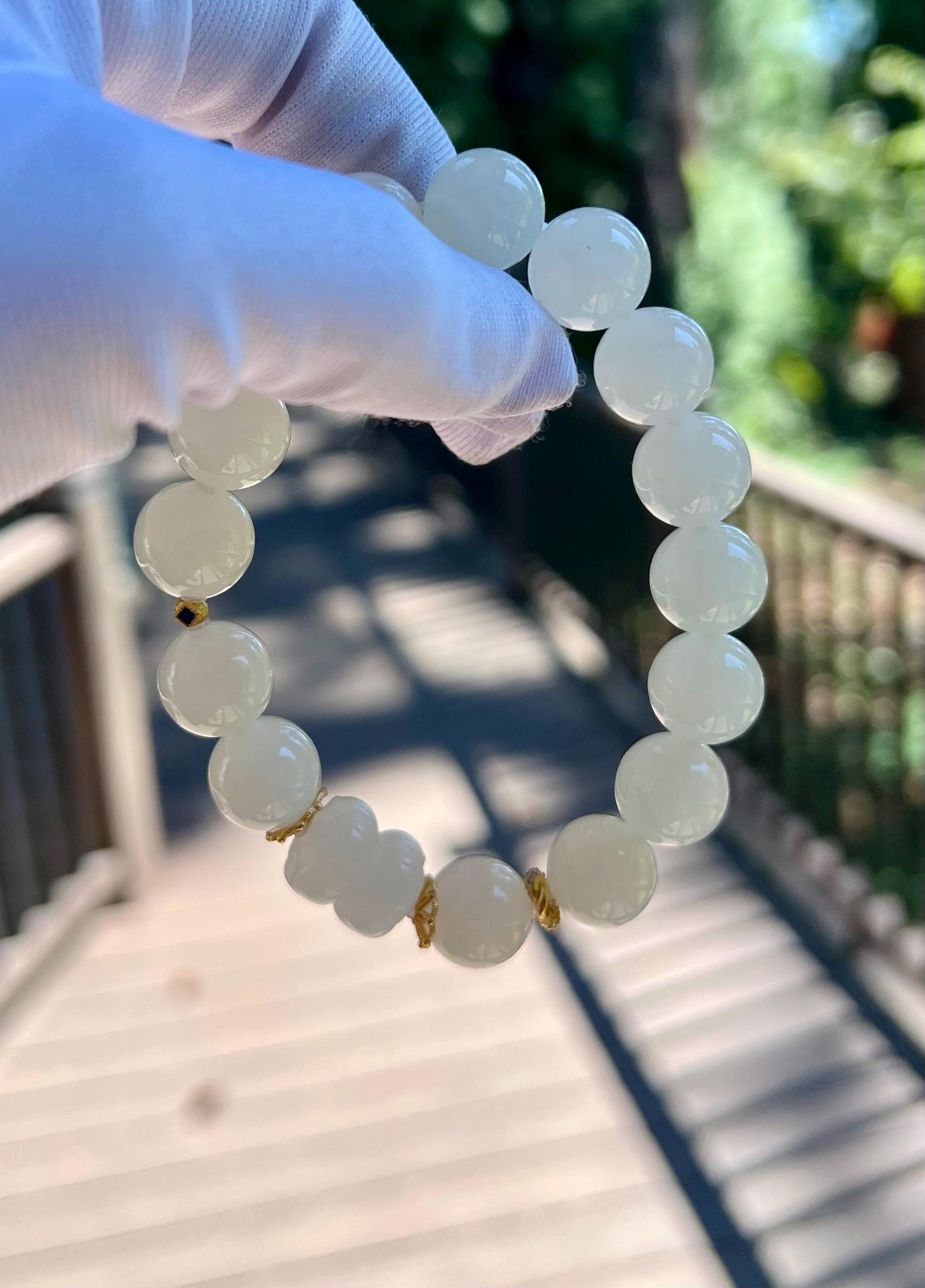 12mm Certified natural jade/Qinghai old mine white nephrite bracelet/white nephrite twin lotus 天然精品软玉 白玉圆珠手串 白玉并蒂莲 #2974 老熟料 白润细糯