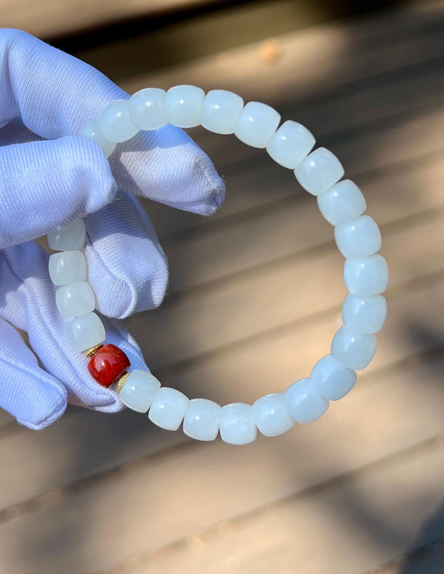 8*7mm Certified natural jade/ white Nephrite bracelet/straight cut beads /天然软玉 老料白玉 直切老型珠手串 油糯白润 #3639
