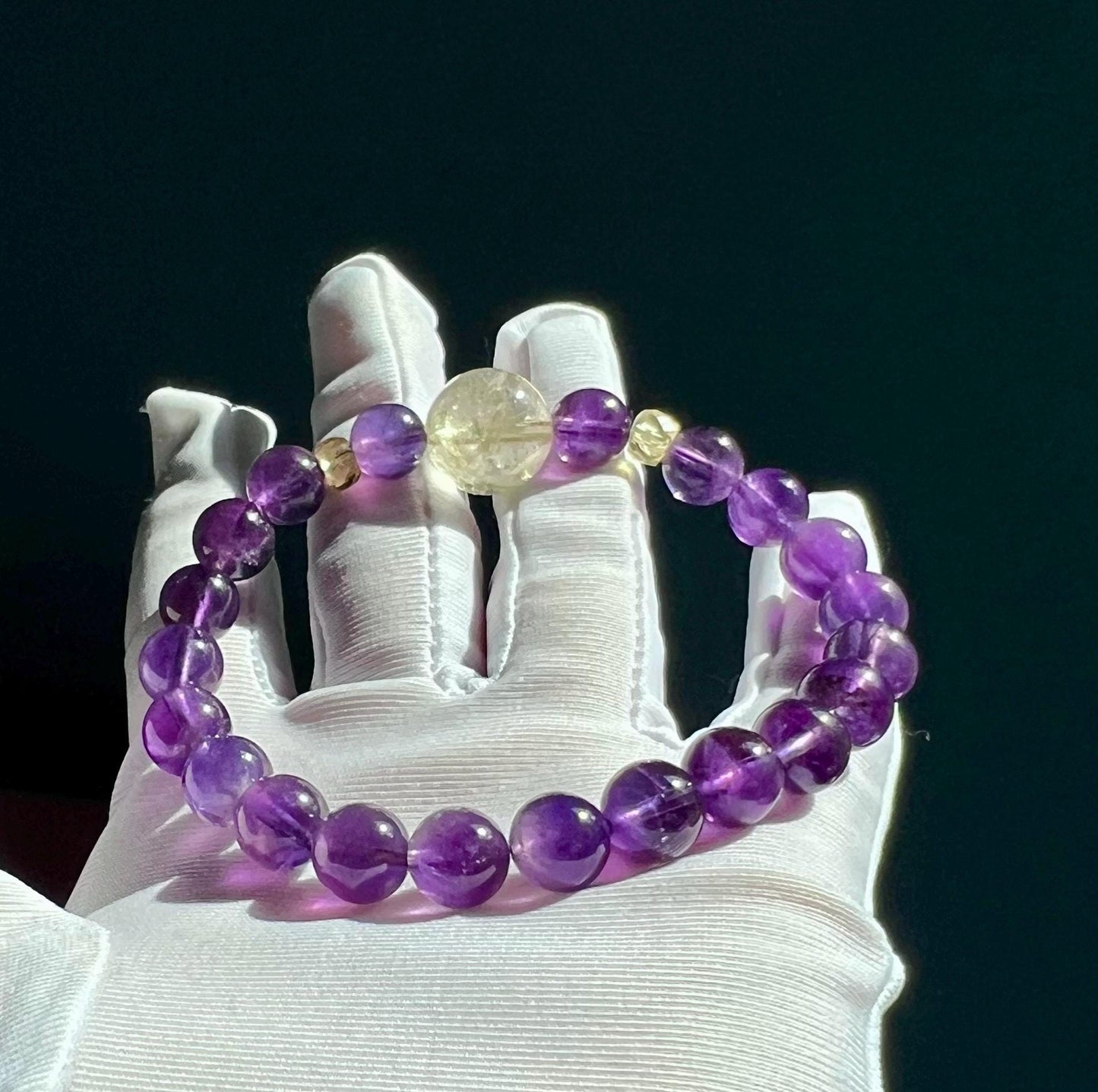 8.6mm+ Natural amethyst bracelet/Uruguay dark purple amethyst /with golden rutilated quartz and Citrine beads 天然紫水晶手串 搭配金发晶圆珠