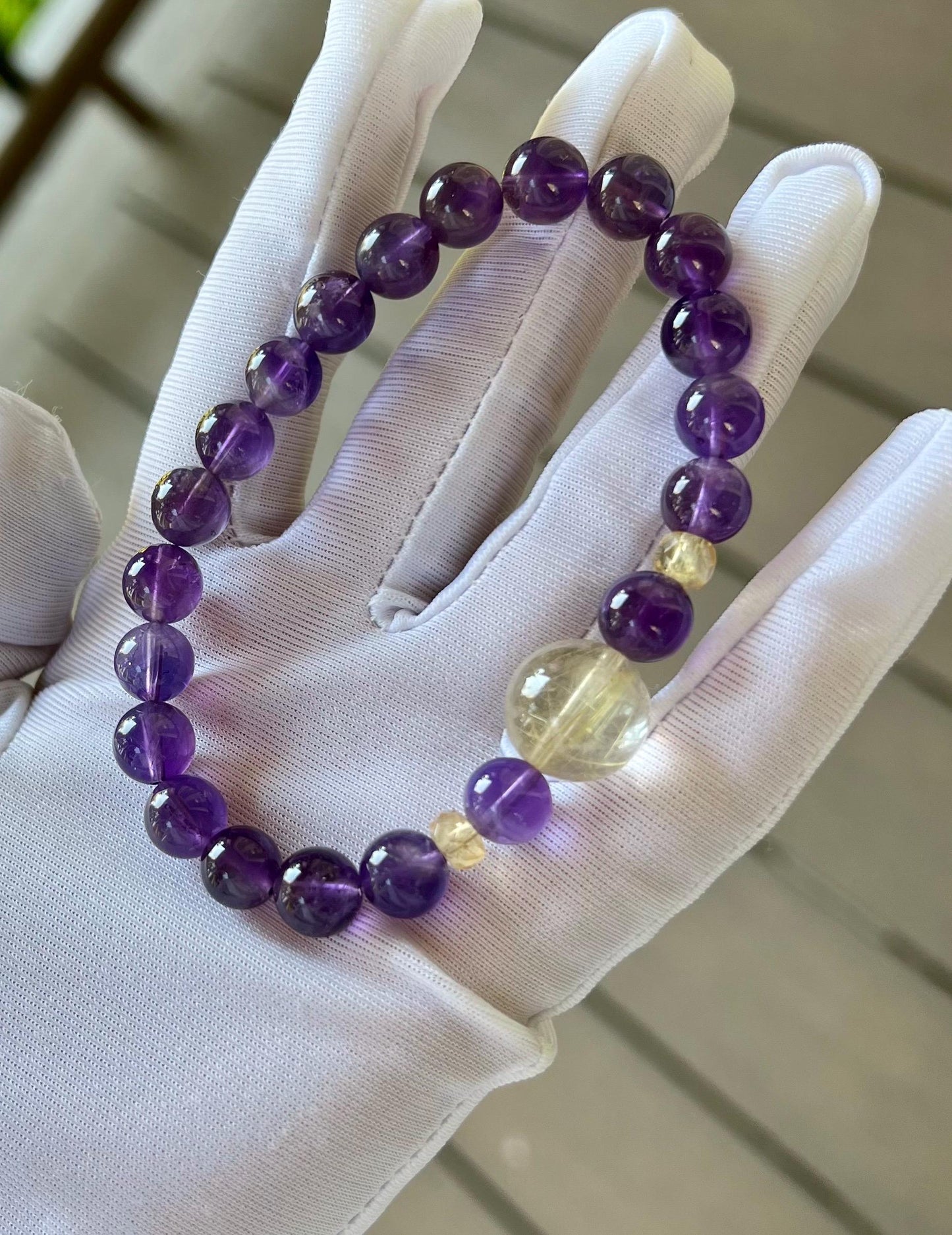 8.6mm+ Natural amethyst bracelet/Uruguay dark purple amethyst /with golden rutilated quartz and Citrine beads 天然紫水晶手串 搭配金发晶圆珠