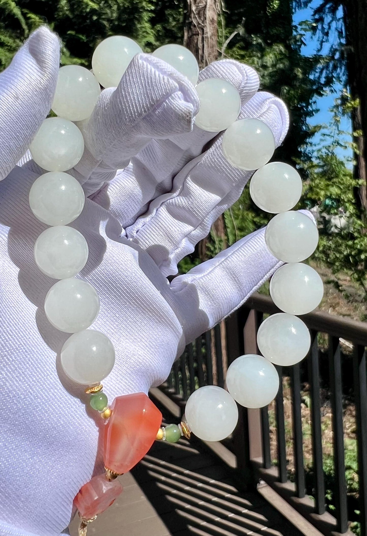 12mm Certified natural jade/ old mine white nephrite bracelet/handheld bracelet/nanhong charm 天然精品软玉 白玉圆珠手串/手持 南红三通#2963 老熟料 白润细糯