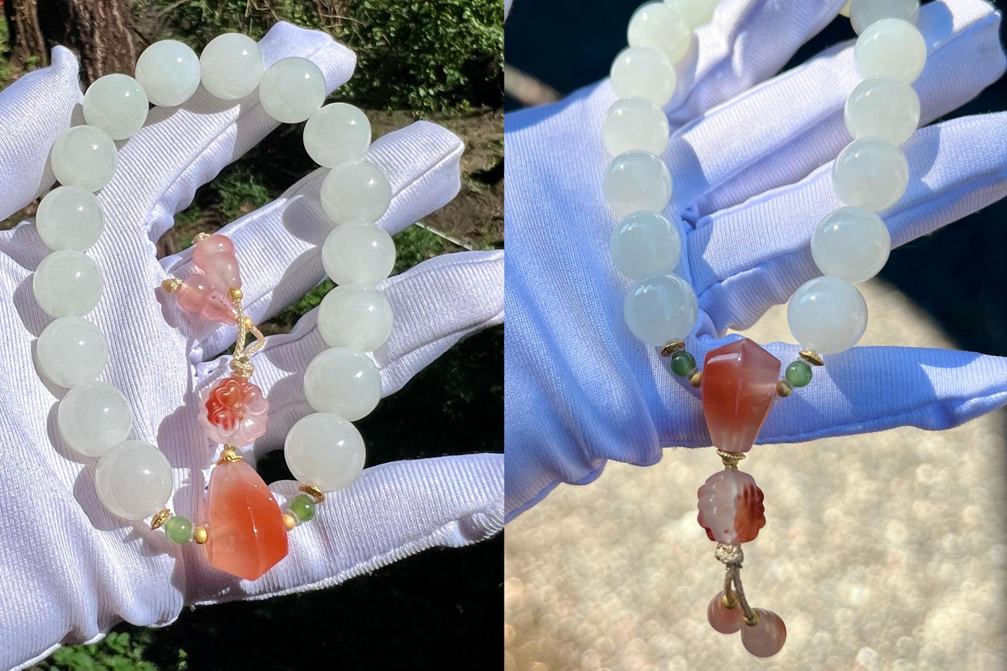 12mm Certified natural jade/ old mine white nephrite bracelet/handheld bracelet/nanhong charm 天然精品软玉 白玉圆珠手串/手持 南红三通#2963 老熟料 白润细糯
