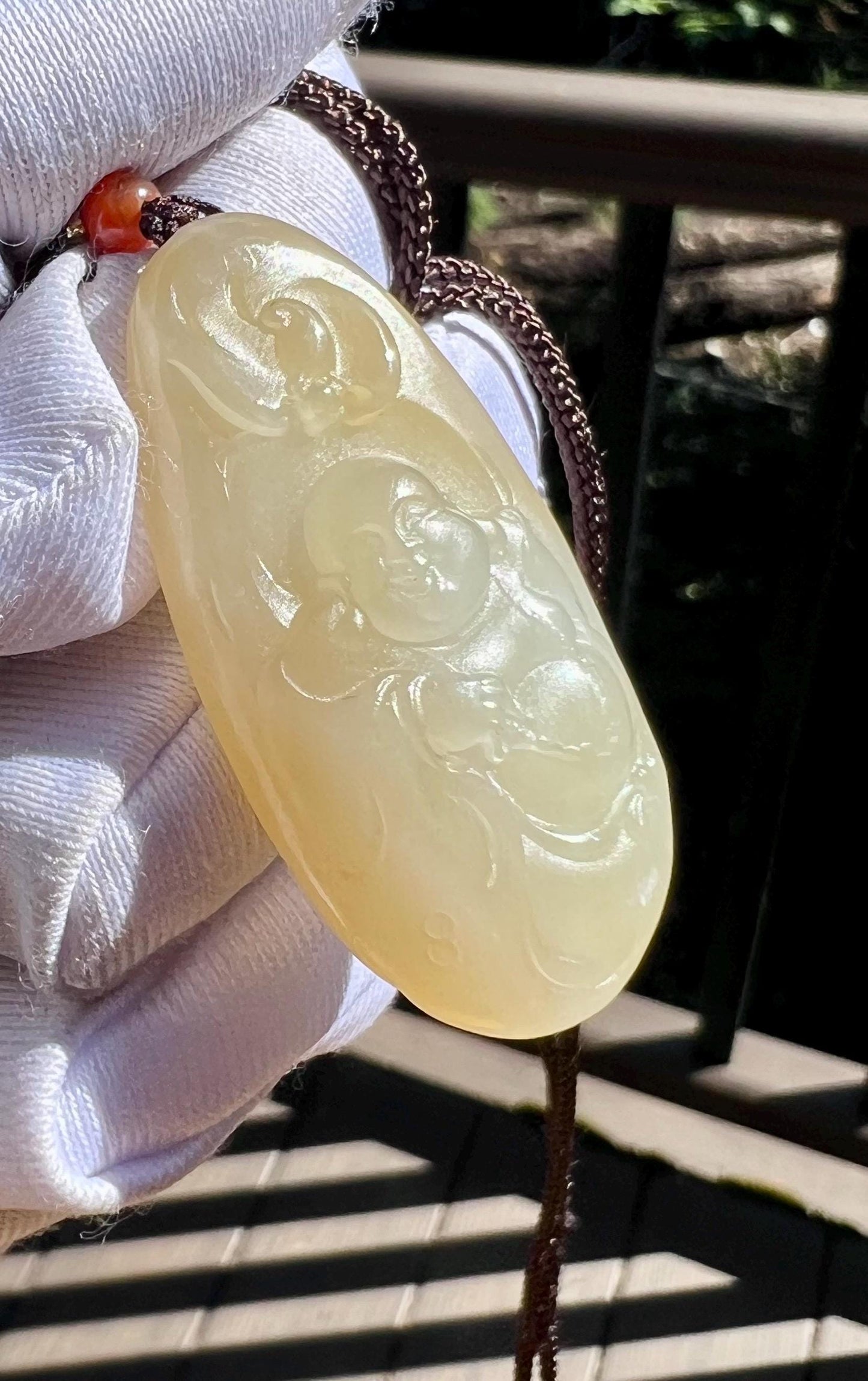 Certified natural jade/ brown white nephrite carved Maitreya Buddha pendant necklace/ 天然软玉 糖白玉笑佛 弥勒佛吊坠 #0319 浅黄金糖/奶糖色 细度佳
