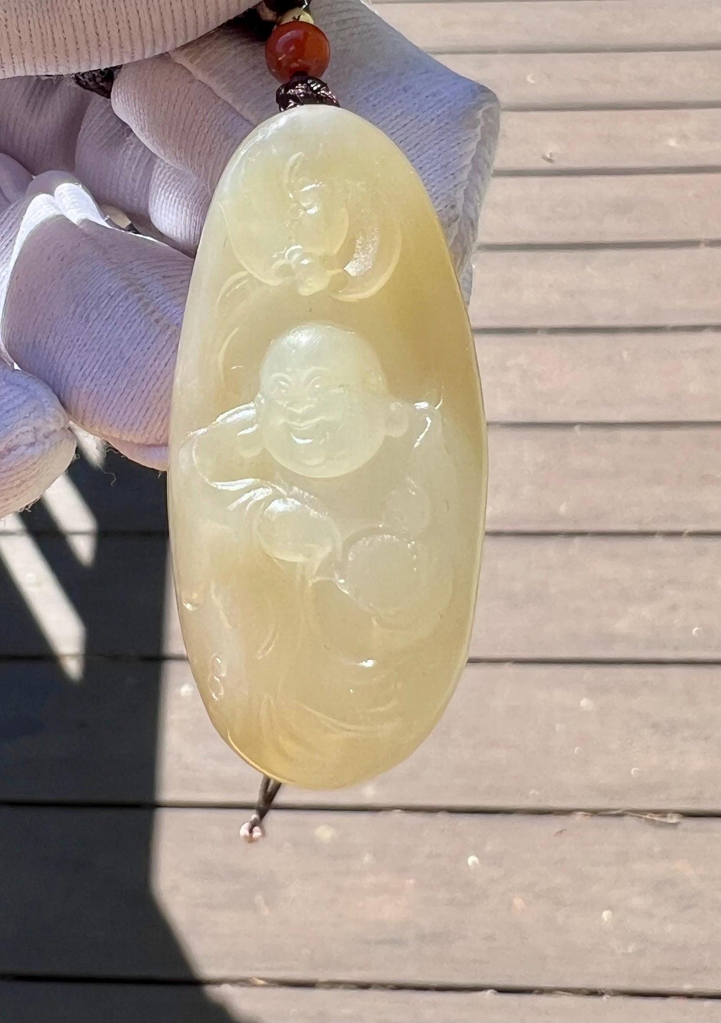 Certified natural jade/ brown white nephrite carved Maitreya Buddha pendant necklace/ 天然软玉 糖白玉笑佛 弥勒佛吊坠 #0319 浅黄金糖/奶糖色 细度佳
