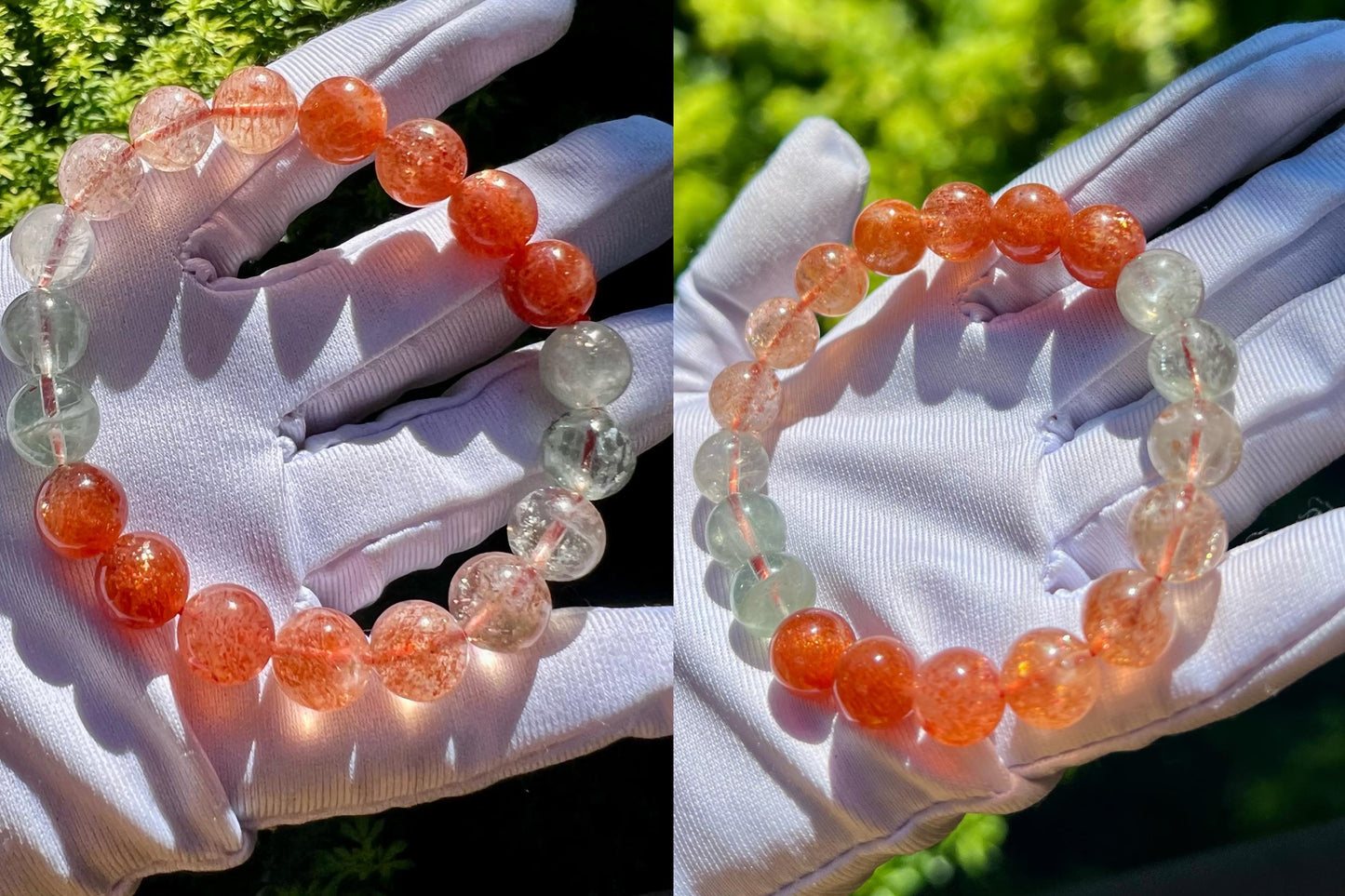 10mm+ Certified natural Arusha bracelet, golden sunstone and light green Beryl/powerful crystal 天然精品 阿鲁沙金太阳石手串 金草莓绿柱石共生#5501