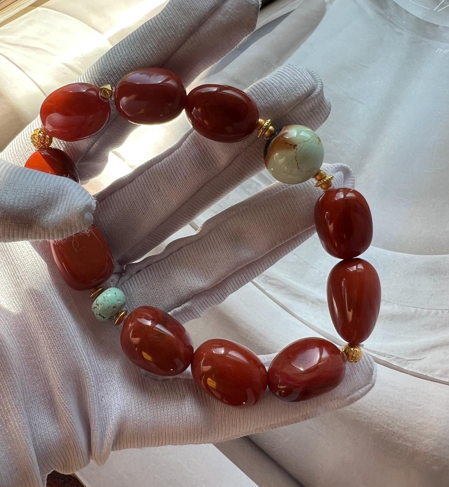 Certified natural Sichuan Nanhong agate bracelet, Southern Red Agate Bracelet, Chinese Red, freeform beads 天然精品川料南红随形珠手串 满肉柿子红#3231 搭配天然绿松石