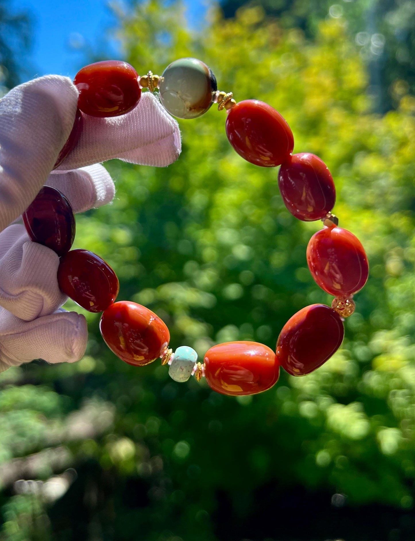 Certified natural Sichuan Nanhong agate bracelet, Southern Red Agate Bracelet, Chinese Red, freeform beads 天然精品川料南红随形珠手串 满肉柿子红#3231 搭配天然绿松石