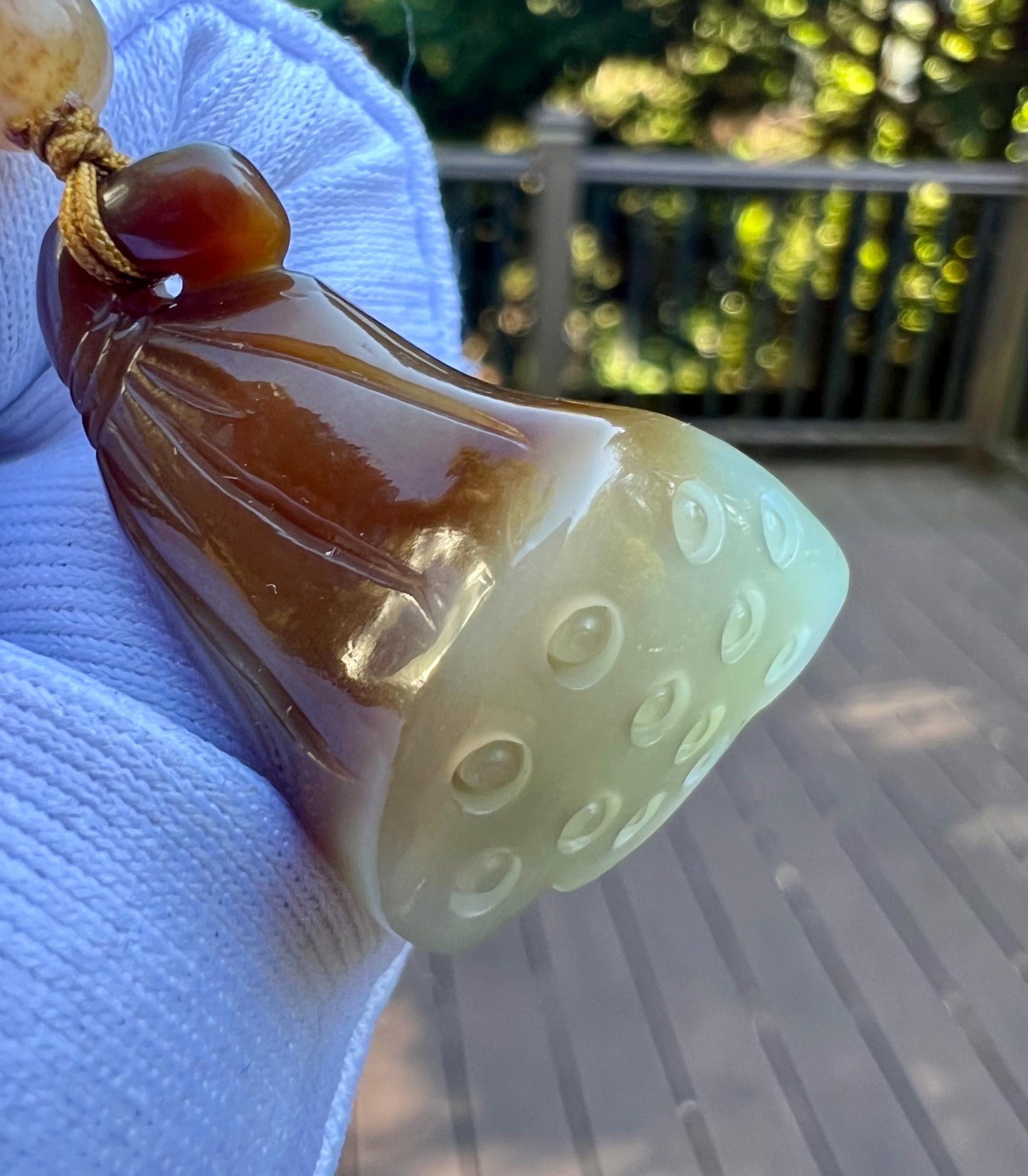 Certified natural jade/Qiemo Brown White nephrite carved lotus seedpod pendant/greenish white brown/ Top fineness 天然精品软玉 糖青白玉莲蓬 吊坠 #5543 老红糖 青白玉