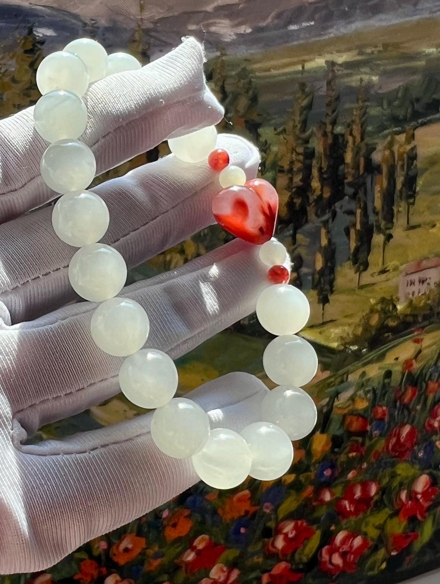 9.7mm Certified natural jade /icy white nephrite bracelet 天然软玉 老矿白玉手串 白月光 冰润细糯 #4378 搭配川料南红桃子爱心