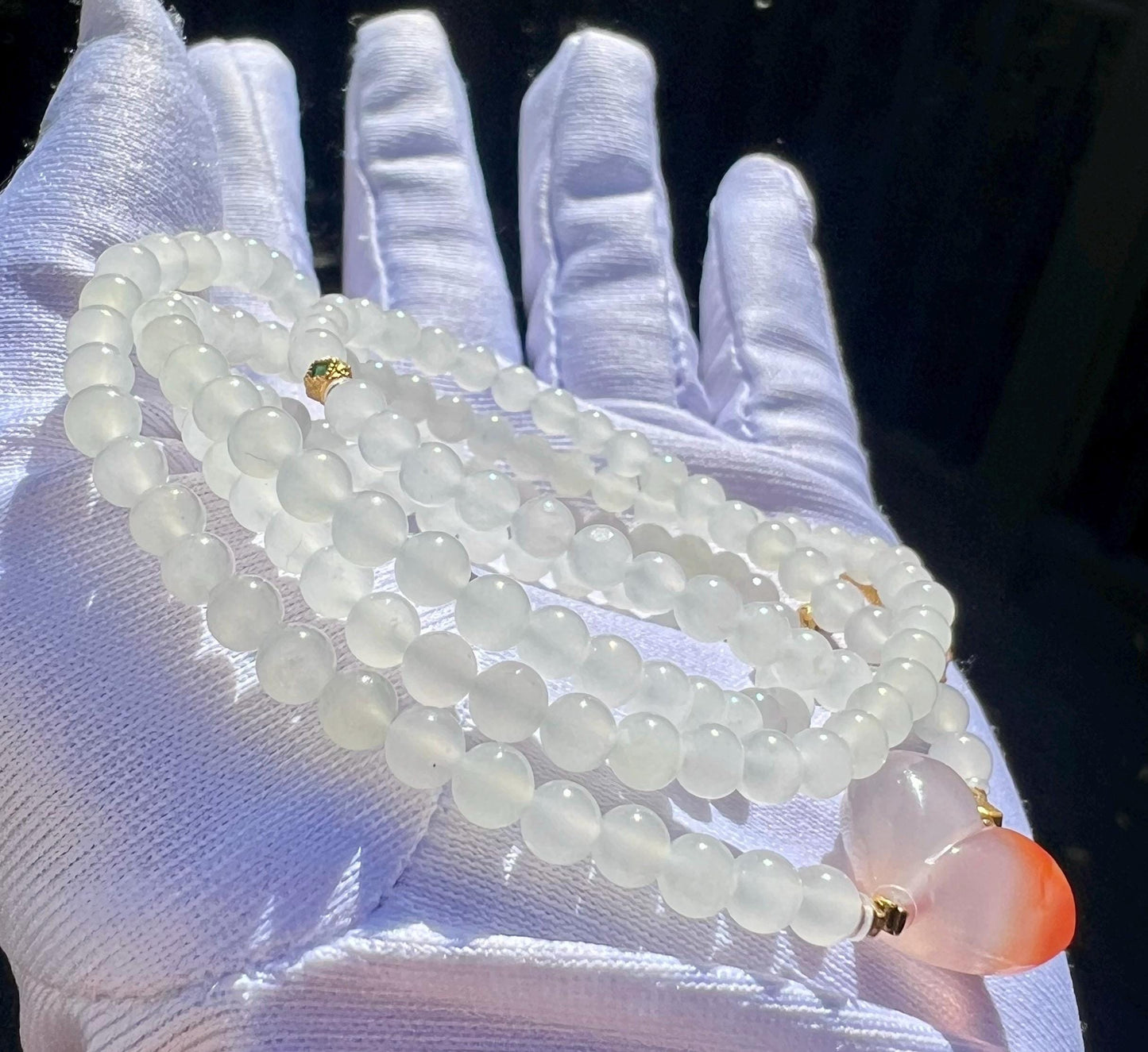 4mm+ Certified natural jade/white nephrite beads necklace/ Multi purpose necklace/ Nanhong peach天然精品软玉 老料白玉项链 高冰白 #4352 万能链