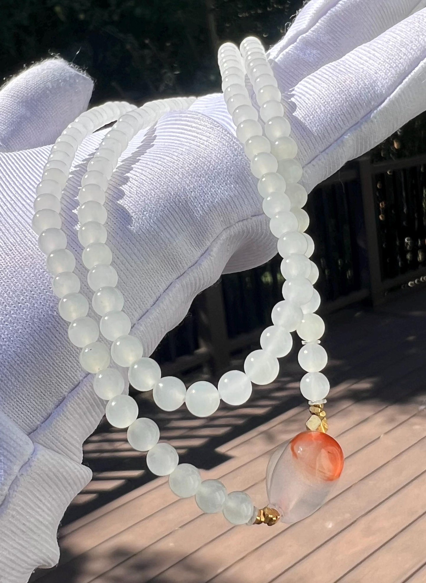 4mm+ Certified natural jade/white nephrite beads necklace/ Multi purpose necklace/ Nanhong peach天然精品软玉 老料白玉项链 高冰白 #4352 万能链