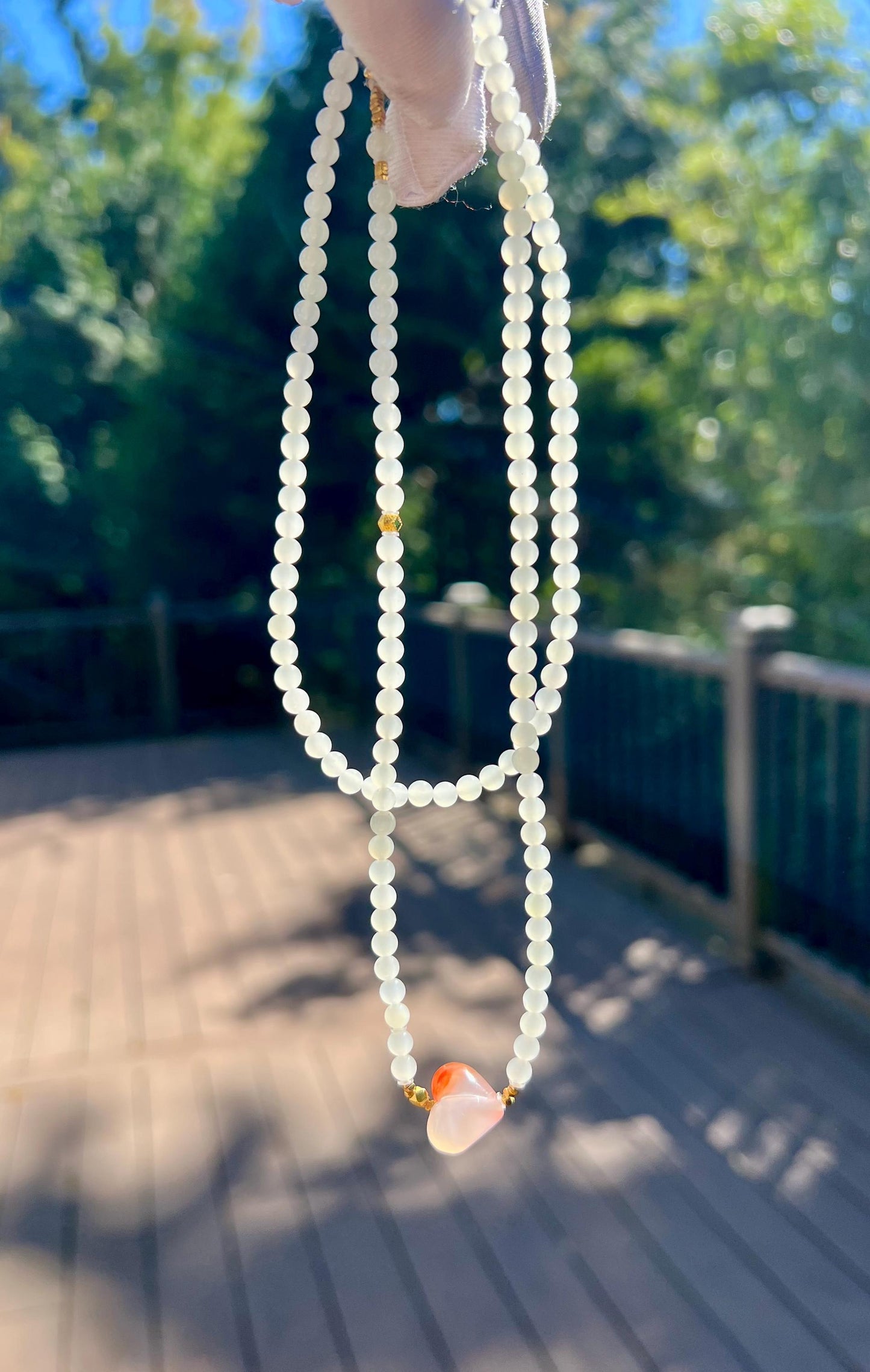 4mm+ Certified natural jade/white nephrite beads necklace/ Multi purpose necklace/ Nanhong peach天然精品软玉 老料白玉项链 高冰白 #4352 万能链
