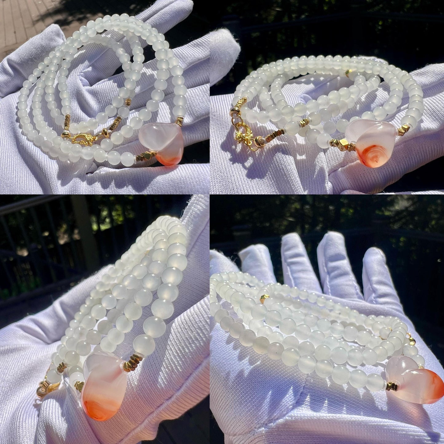 4mm+ Certified natural jade/white nephrite beads necklace/ Multi purpose necklace/ Nanhong peach天然精品软玉 老料白玉项链 高冰白 #4352 万能链