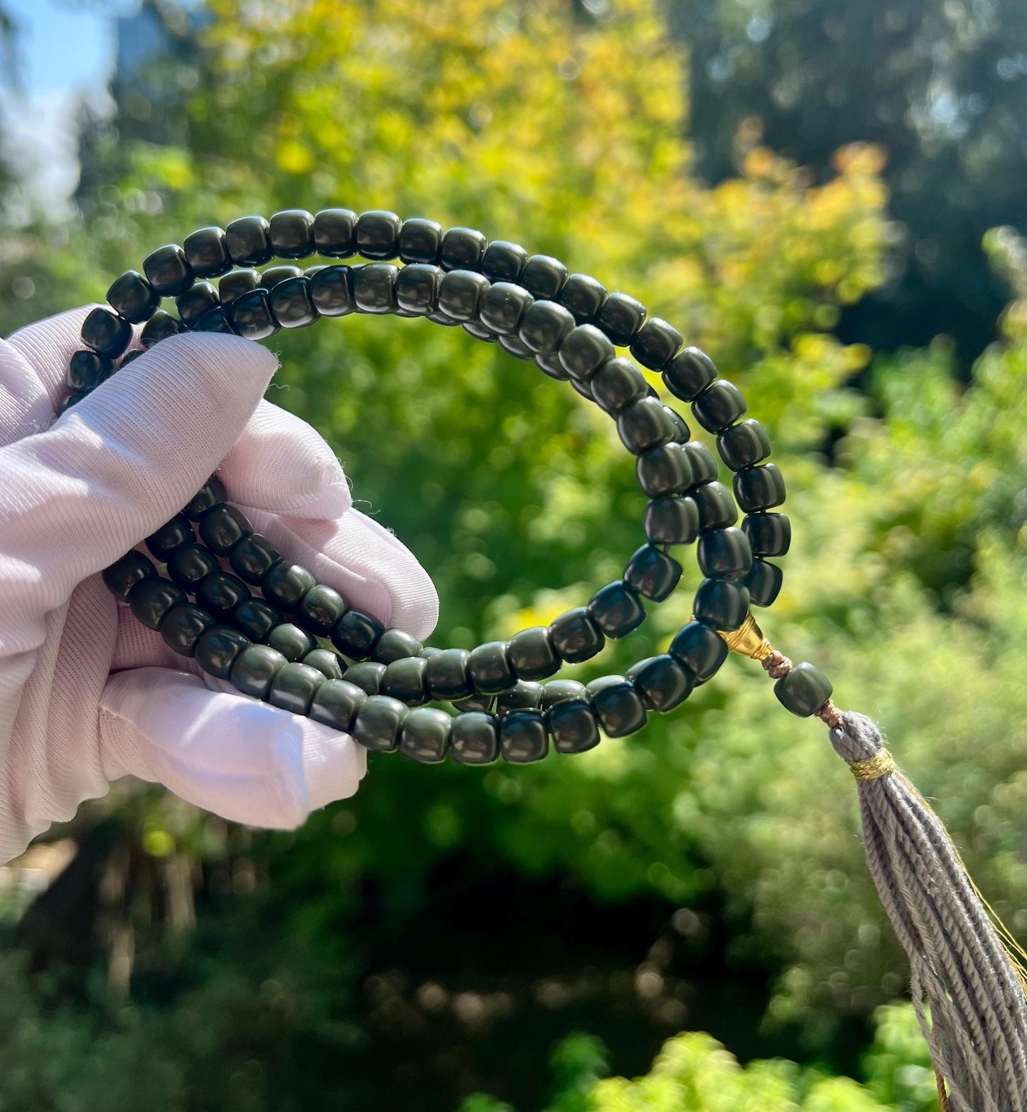 7*6mm Certified natural nephrite necklace/straight cut beads/bluish color 天然精品软玉 蓝调青玉108项链/手串 #0646 特细料