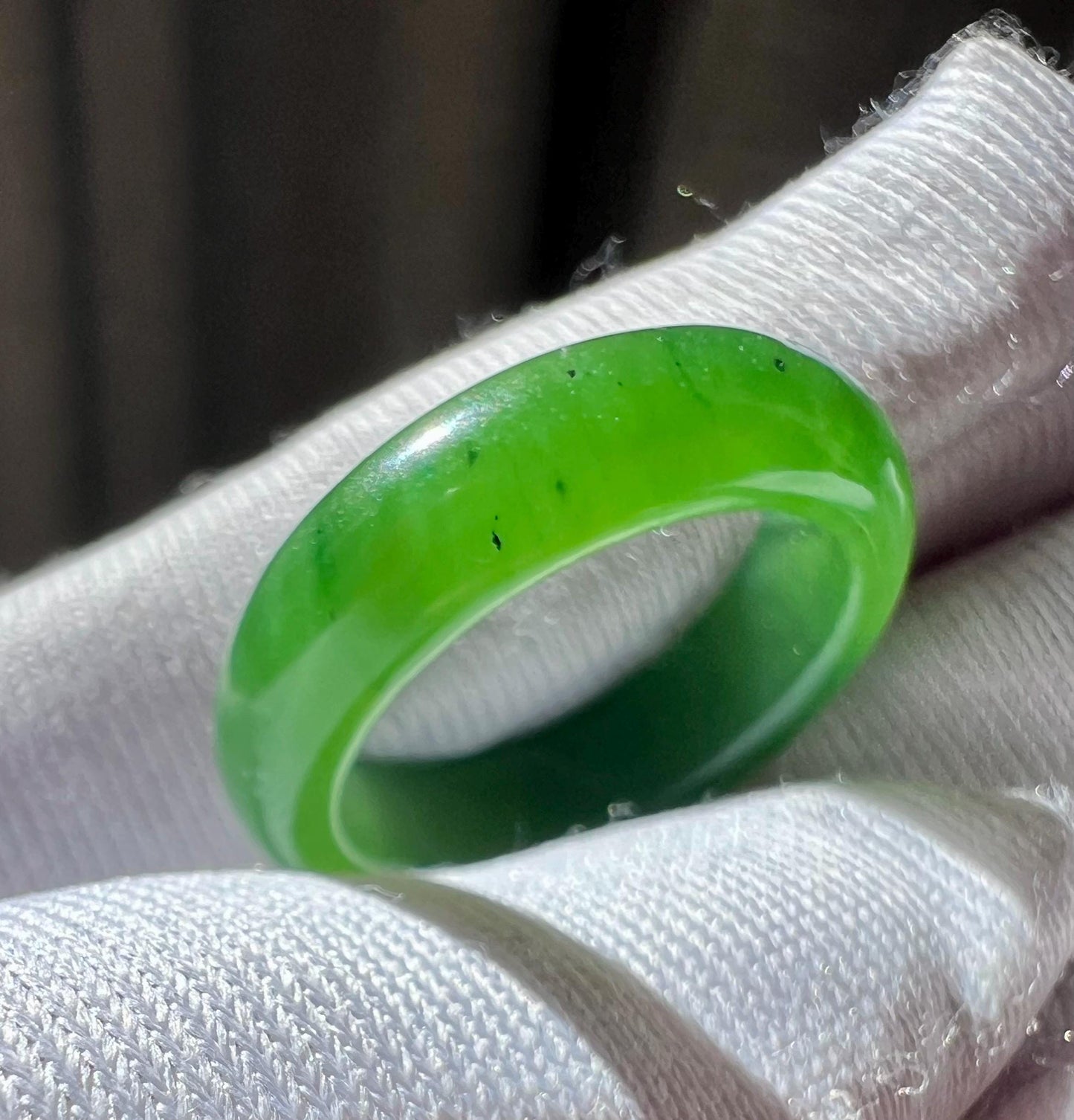 15.9mm Certified nephrite green jade/green nephrite ring/ bright green color band ring 天然碧玉指环 戒指扳指 正阳绿 戒圈#6385 US size5