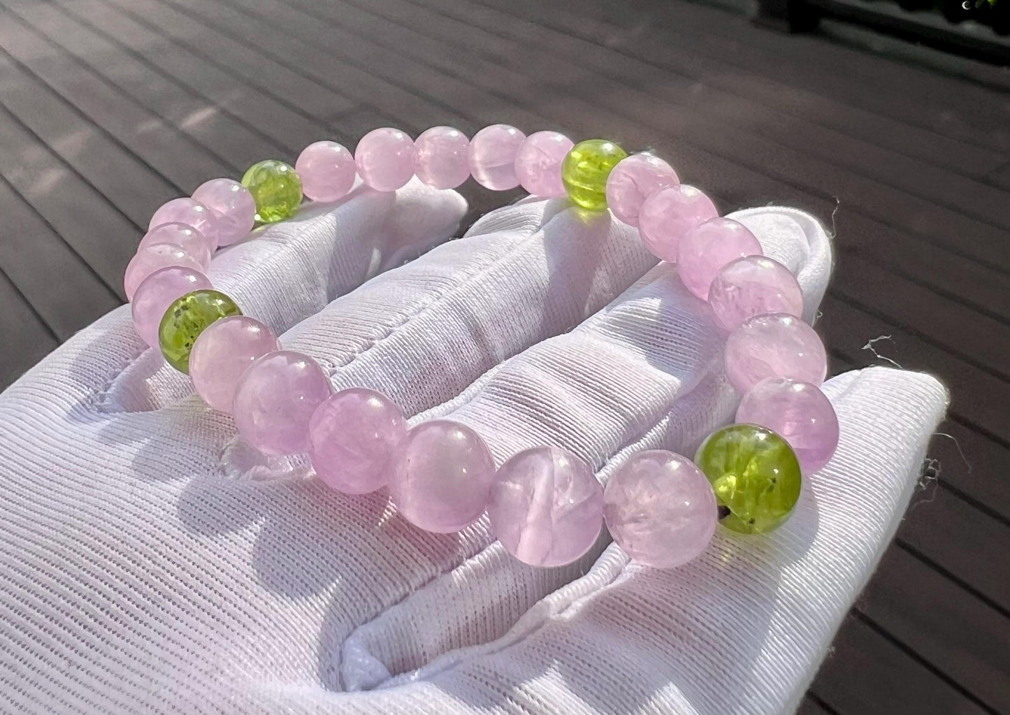 7.7mm Certified Kunzite Bracelet: Lilac Purple Cat's Eye/ with Peridot