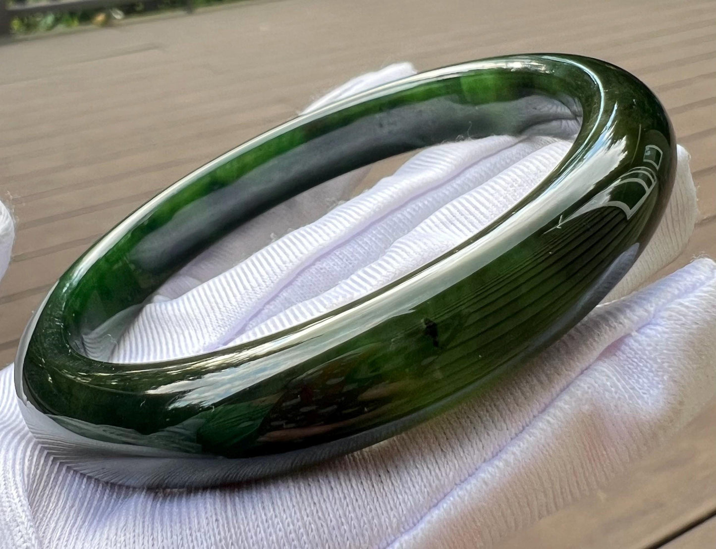 59.6mm Certified natural nephrite green jade /green nephrite Bangle/dark spinach green 天然软玉 碧玉 正圈手镯 平安镯 满色 油润 #4897 墨绿色