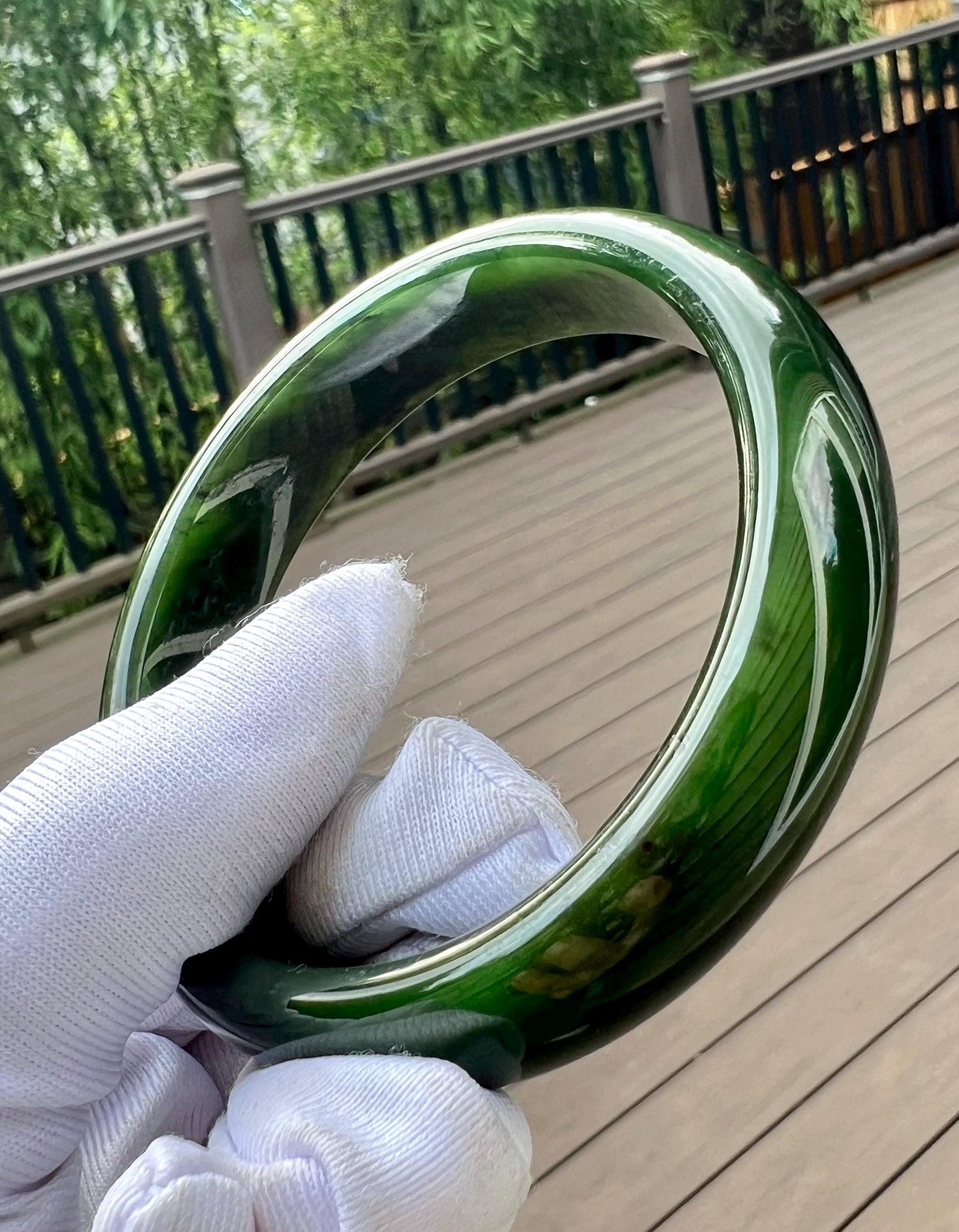 57.3mm Certified natural nephrite green jade /green nephrite Bangle/dark spinach green 天然软玉 碧玉 正圈手镯 平安镯 满色 油润 #4895 墨绿色