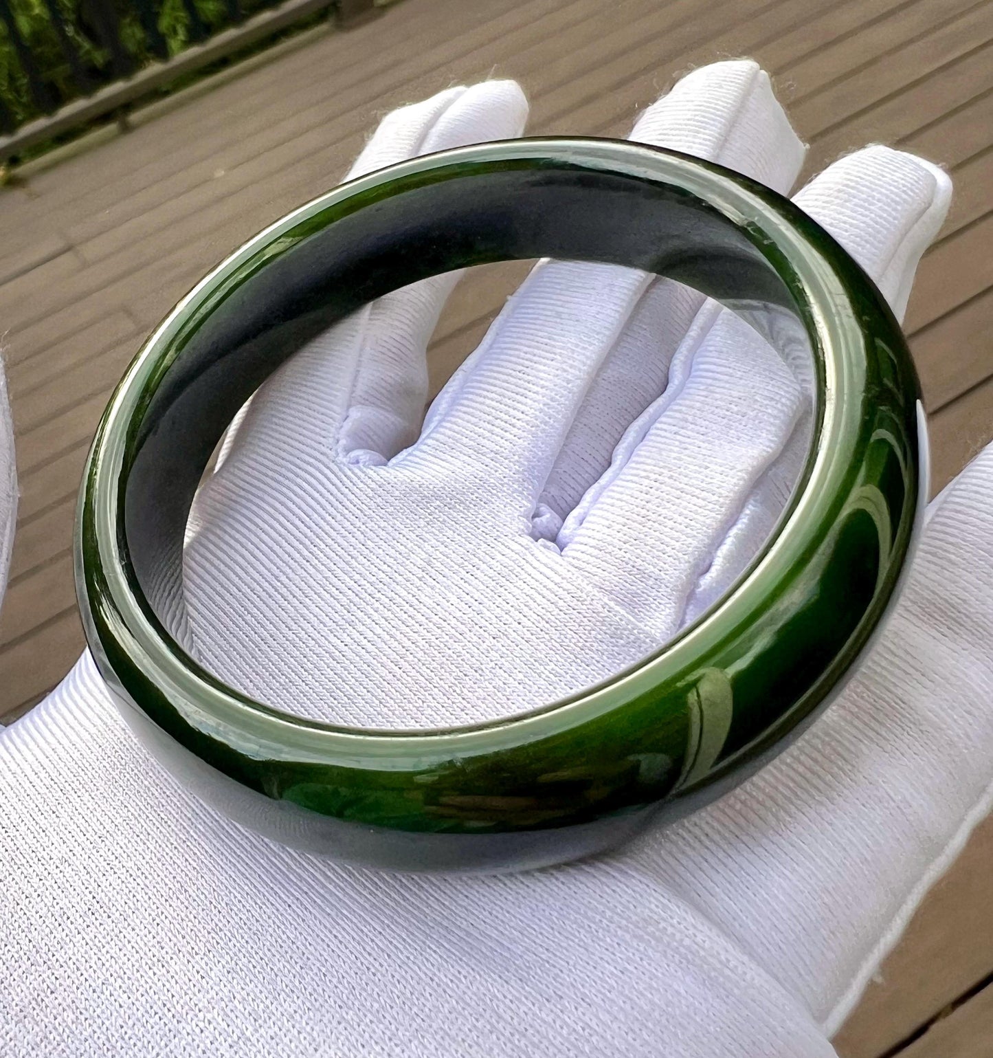 57.3mm Certified natural nephrite green jade /green nephrite Bangle/dark spinach green 天然软玉 碧玉 正圈手镯 平安镯 满色 油润 #4895 墨绿色