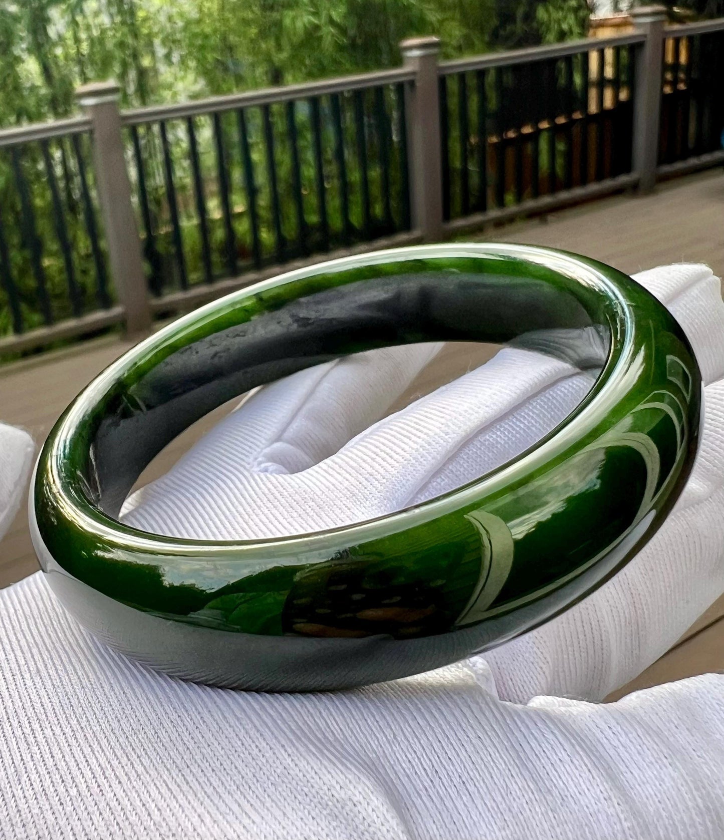 57.3mm Certified natural nephrite green jade /green nephrite Bangle/dark spinach green 天然软玉 碧玉 正圈手镯 平安镯 满色 油润 #4895 墨绿色