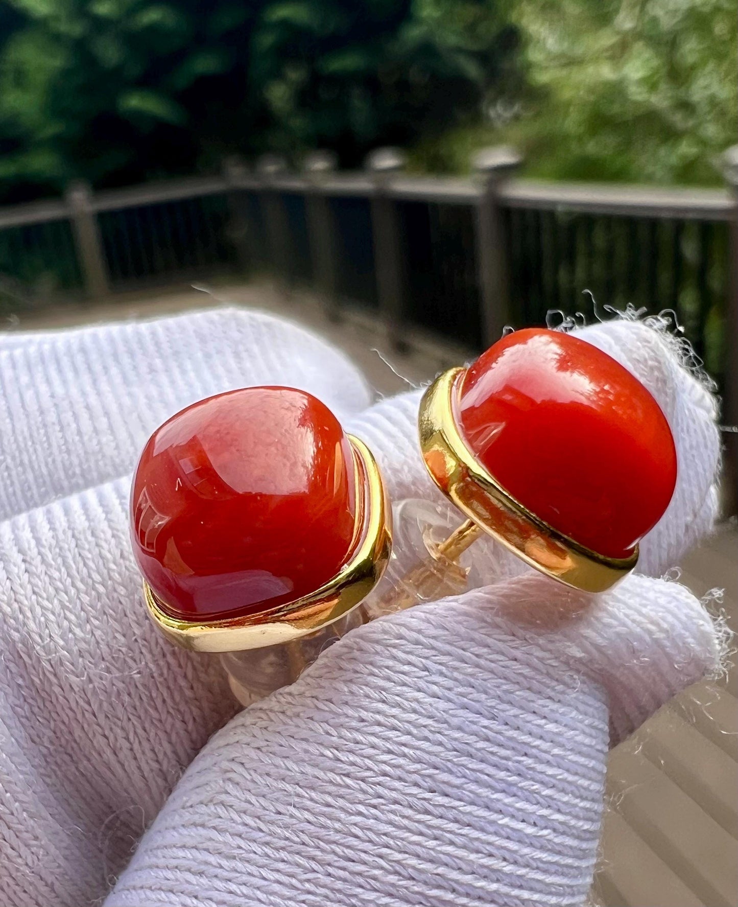 Certified natural Sichuan Nanhong agate earrings/Southern Red Agate square stud earrings/sterling silver天然精品川料南红耳钉/纯银镶嵌#0021 方块耳钉/满色满肉