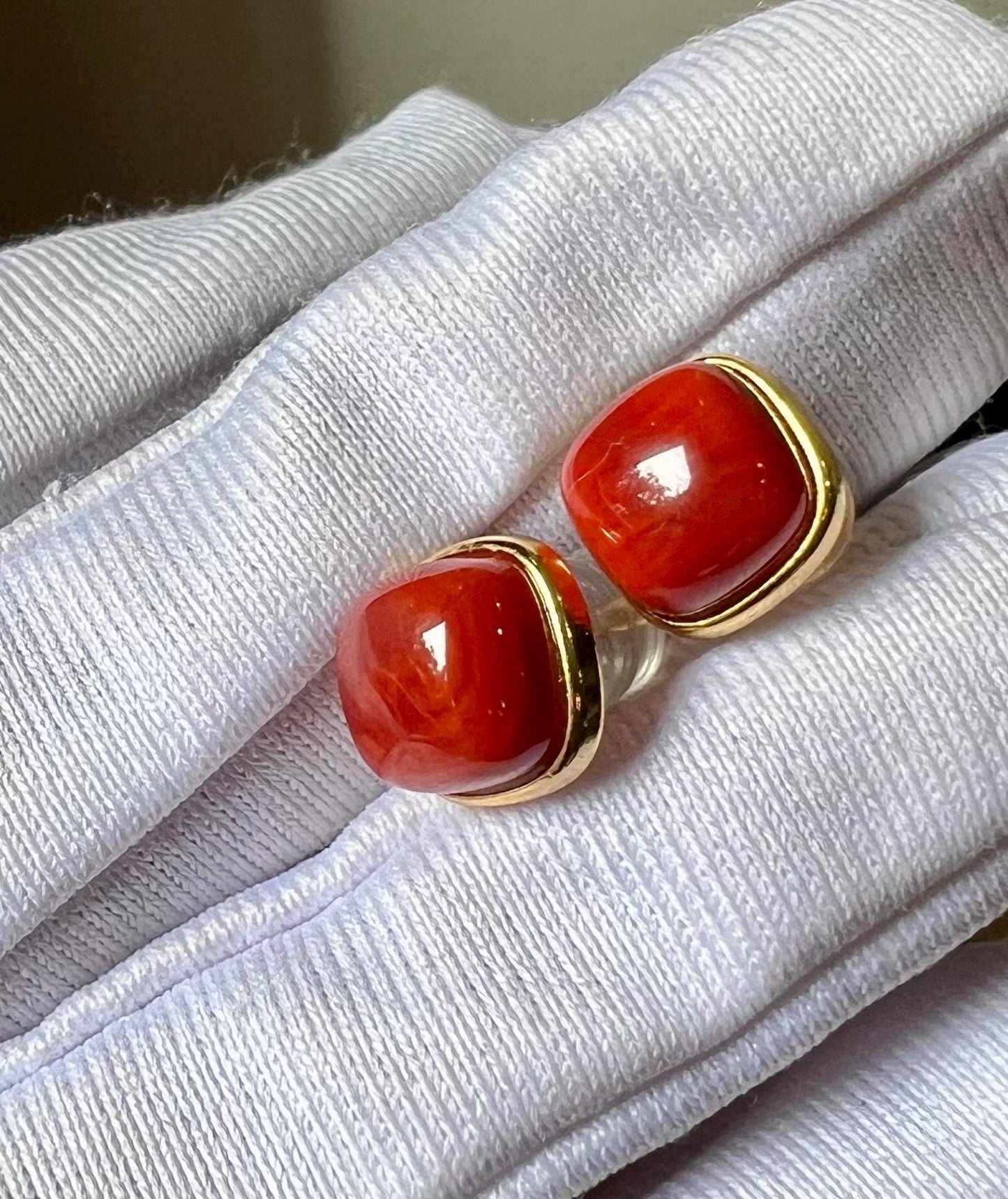 Certified natural Sichuan Nanhong agate earrings/Southern Red Agate square stud earrings/sterling silver天然精品川料南红耳钉/纯银镶嵌#0021 方块耳钉/满色满肉