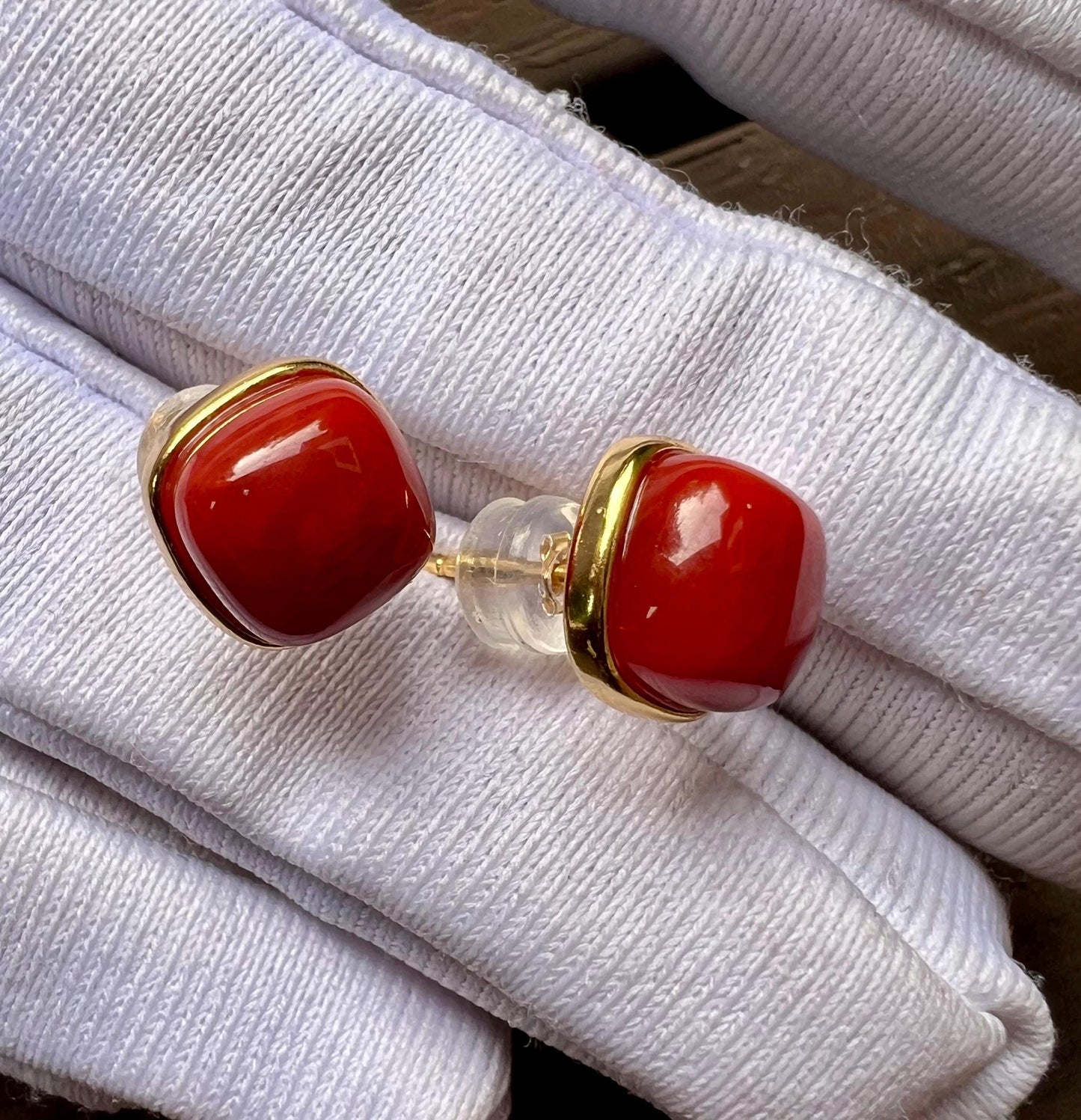 Certified natural Sichuan Nanhong agate earrings/Southern Red Agate square stud earrings/sterling silver天然精品川料南红耳钉/纯银镶嵌#0021 方块耳钉/满色满肉