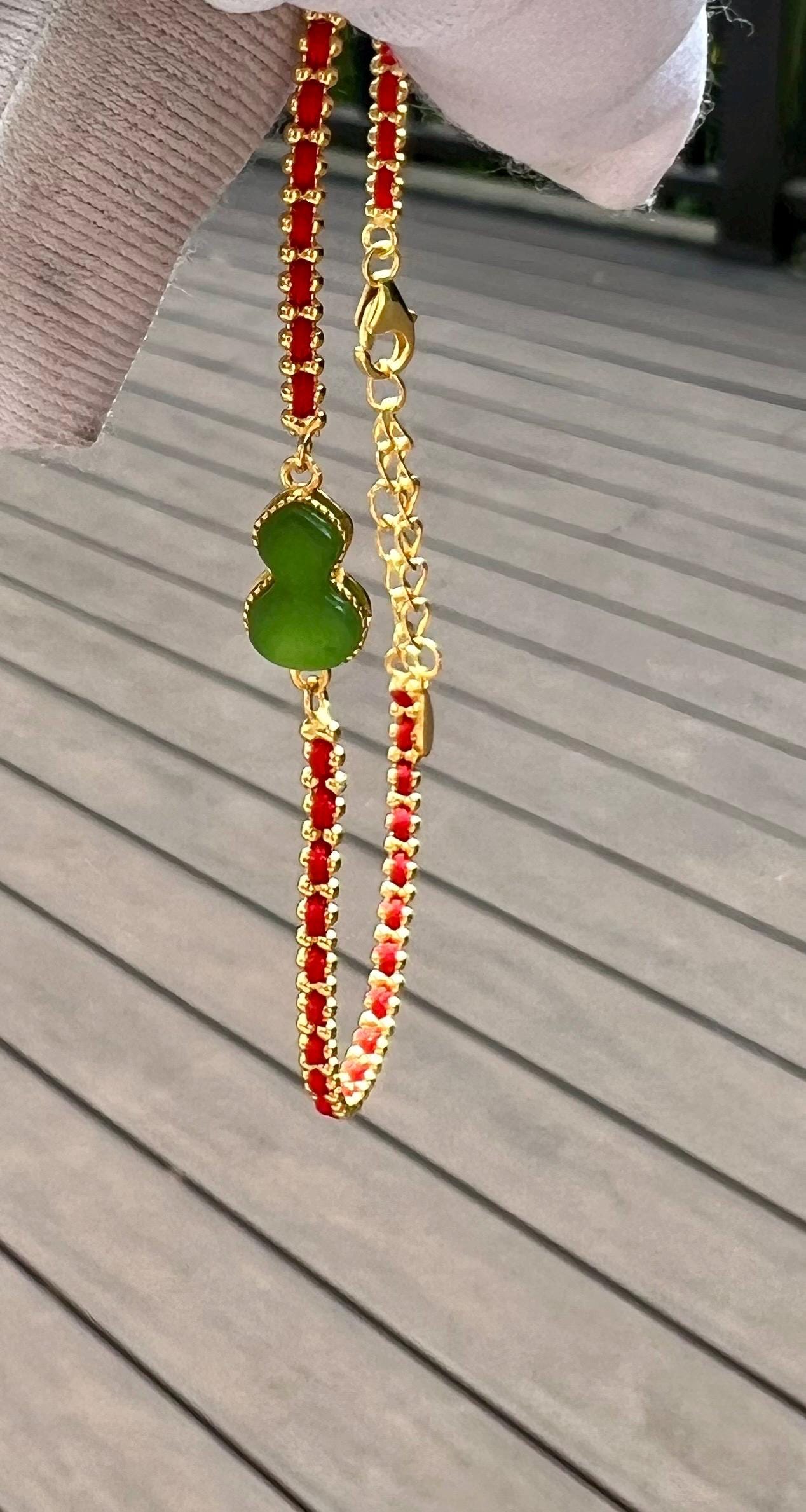 Certified natural nephrite green jade/ green nephrite gourd inlaid S925 bracelet 天然软玉 碧玉葫芦镶嵌纯银手链 #0913 红绳手链