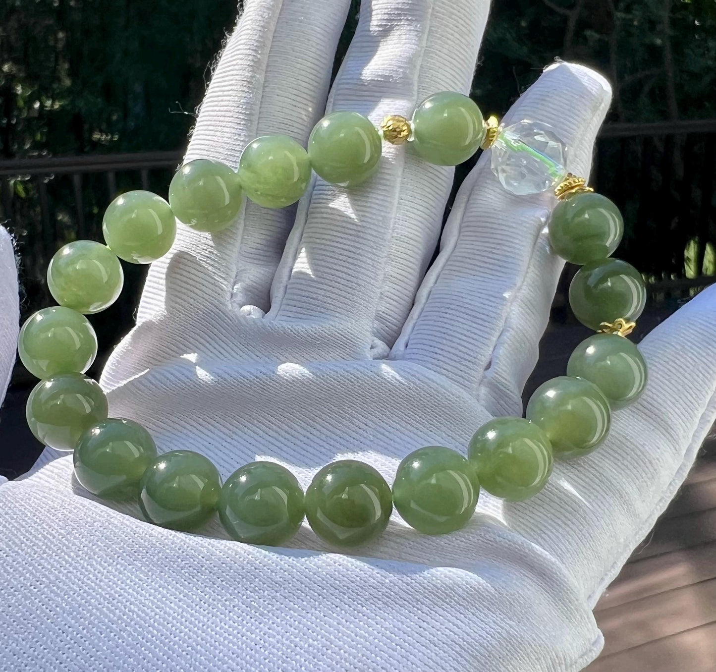 9.8mm Certified natural nephrite Bracelet/lake green nephrite/ 天然软玉 青海 老矿晴水料 湖水绿手串#3729 深湖绿