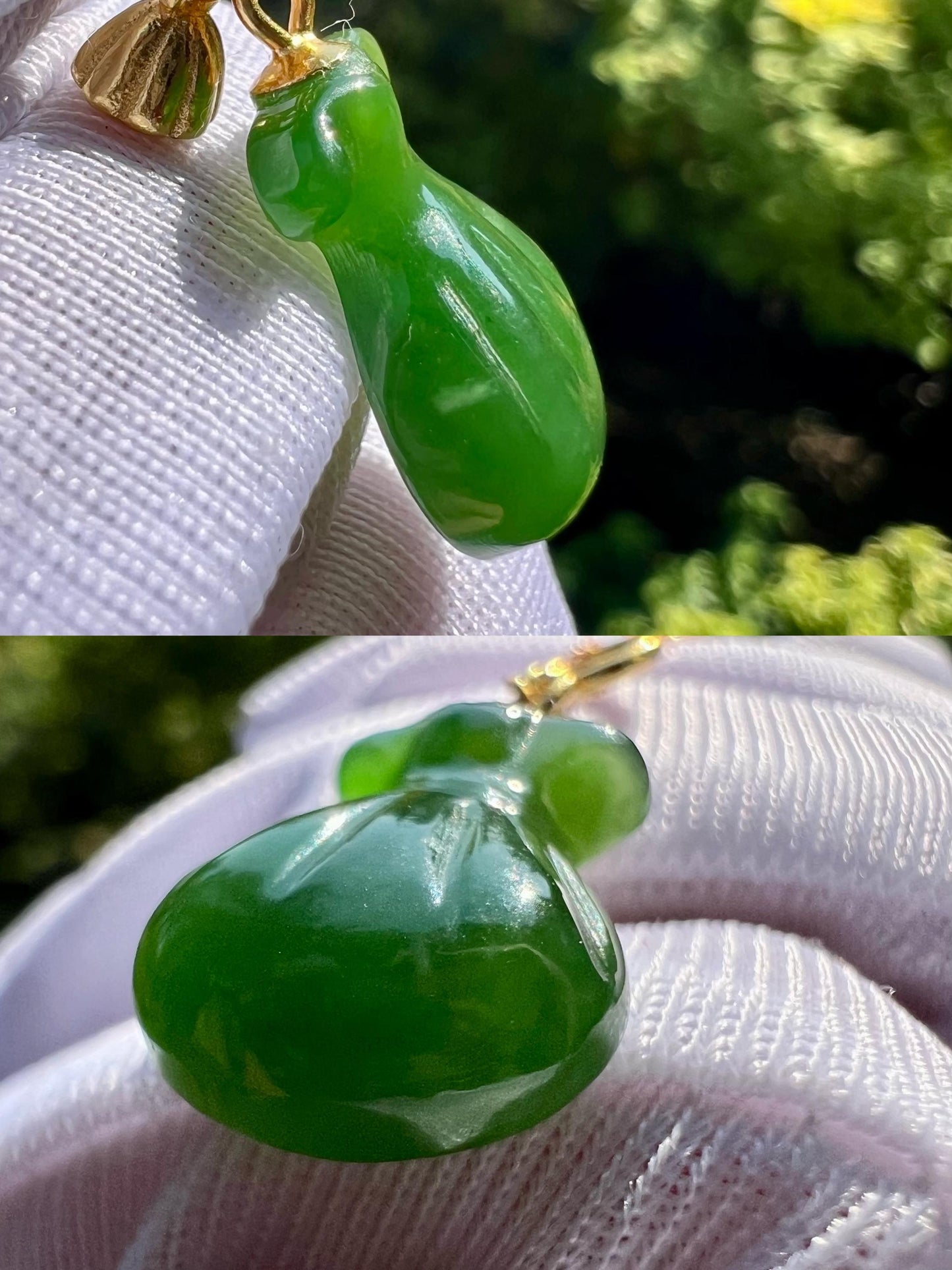 Certified natural nephrite green jade/rich green nephrite purse pendant necklace/lucky bag pendant天然软玉 碧玉阳绿 钱袋吊坠项链 纯银镶嵌福袋吊坠#4949