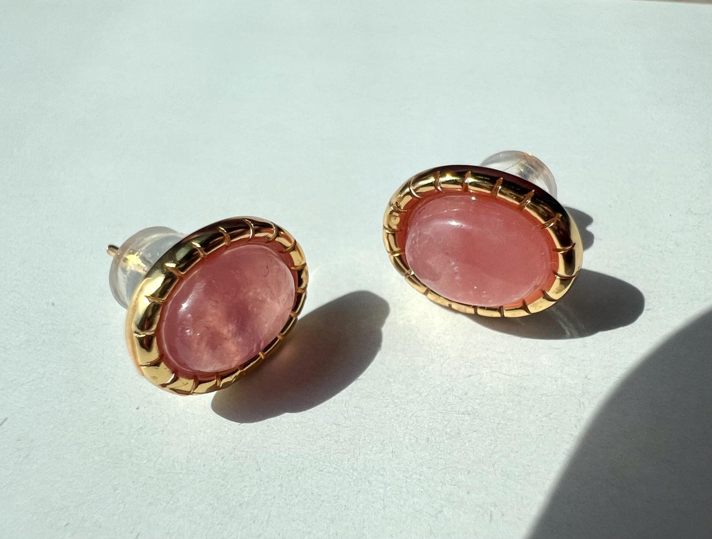 Certified natural Rhodochrosite earrings/icy oval shaped Rhodochrosite/ sterling silver stud earrings/ 天然 冰种红纹石蛋面 耳环/耳钉 纯银#1039 冰透嫩粉红