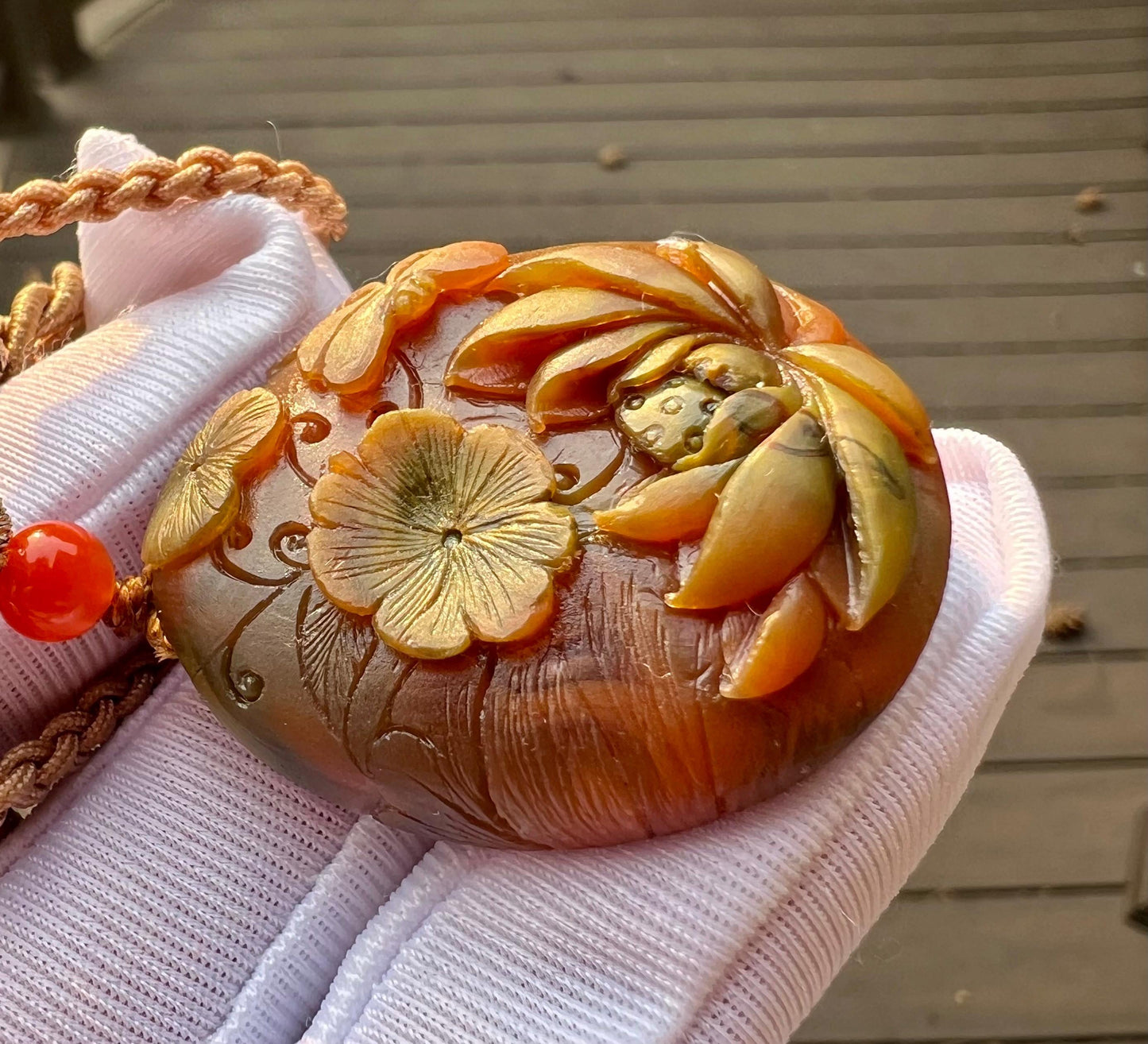 Certified natural Nanhong agate Carved lotus dragonfly Pendant necklace, Patina Southern Red Agate Pendant天然精品 川料包浆南红 手工雕刻 蜻蜓戏莲花吊坠 项链 #7339
