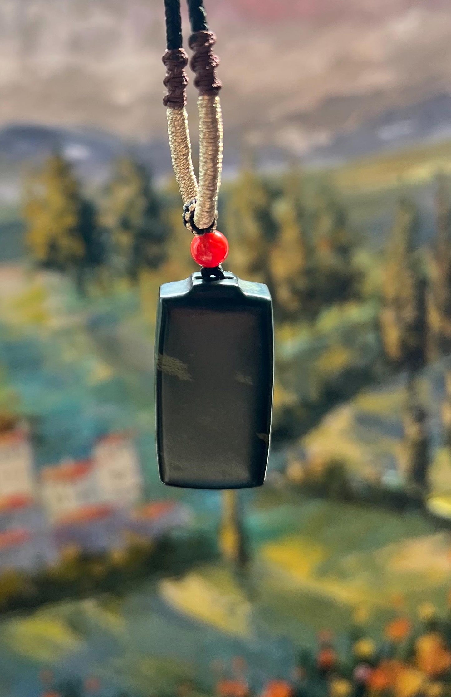 Certified natural jade/ dark nephrite pendant/ safety rectangle pendant necklace天然 黑青玉 无事牌 #5263 黑青玉 无敌黑 绿矿斑 意境美