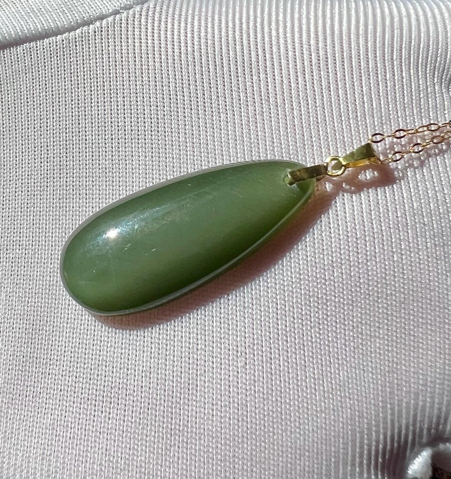 Green Nephrite Teardrop Pendant Necklace: 18k Gold Bail, Sterling Silver Chain #0568