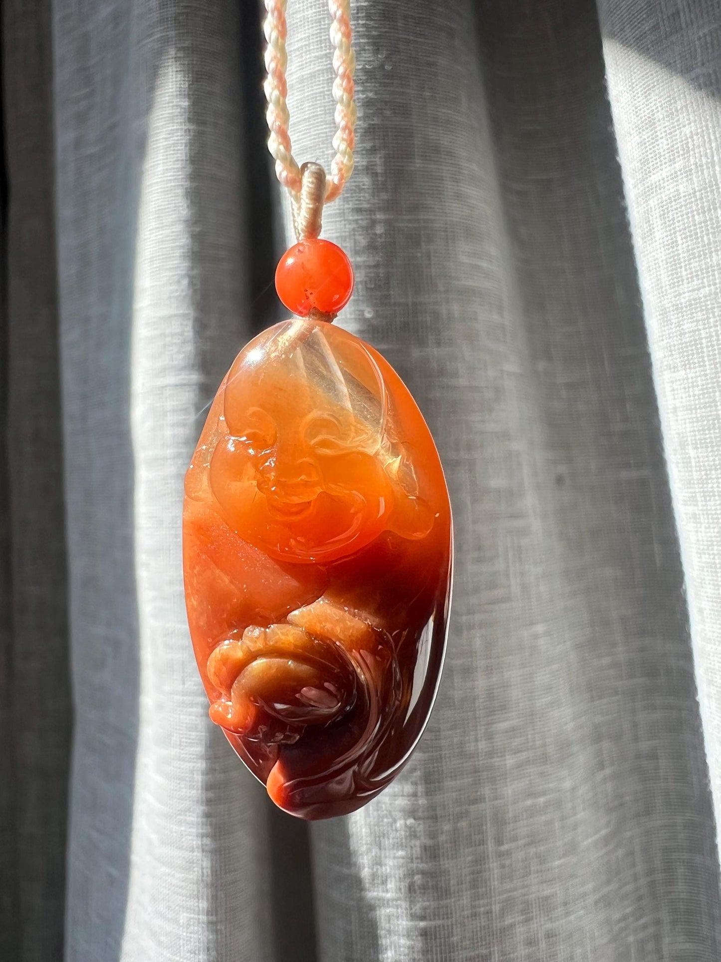 Certified natural red Rabbit hair Rutilated quartz pendant/ Maitreya Buddha pendant necklace/天然红兔毛水晶吊坠 红兔毛弥勒佛吊坠#9456