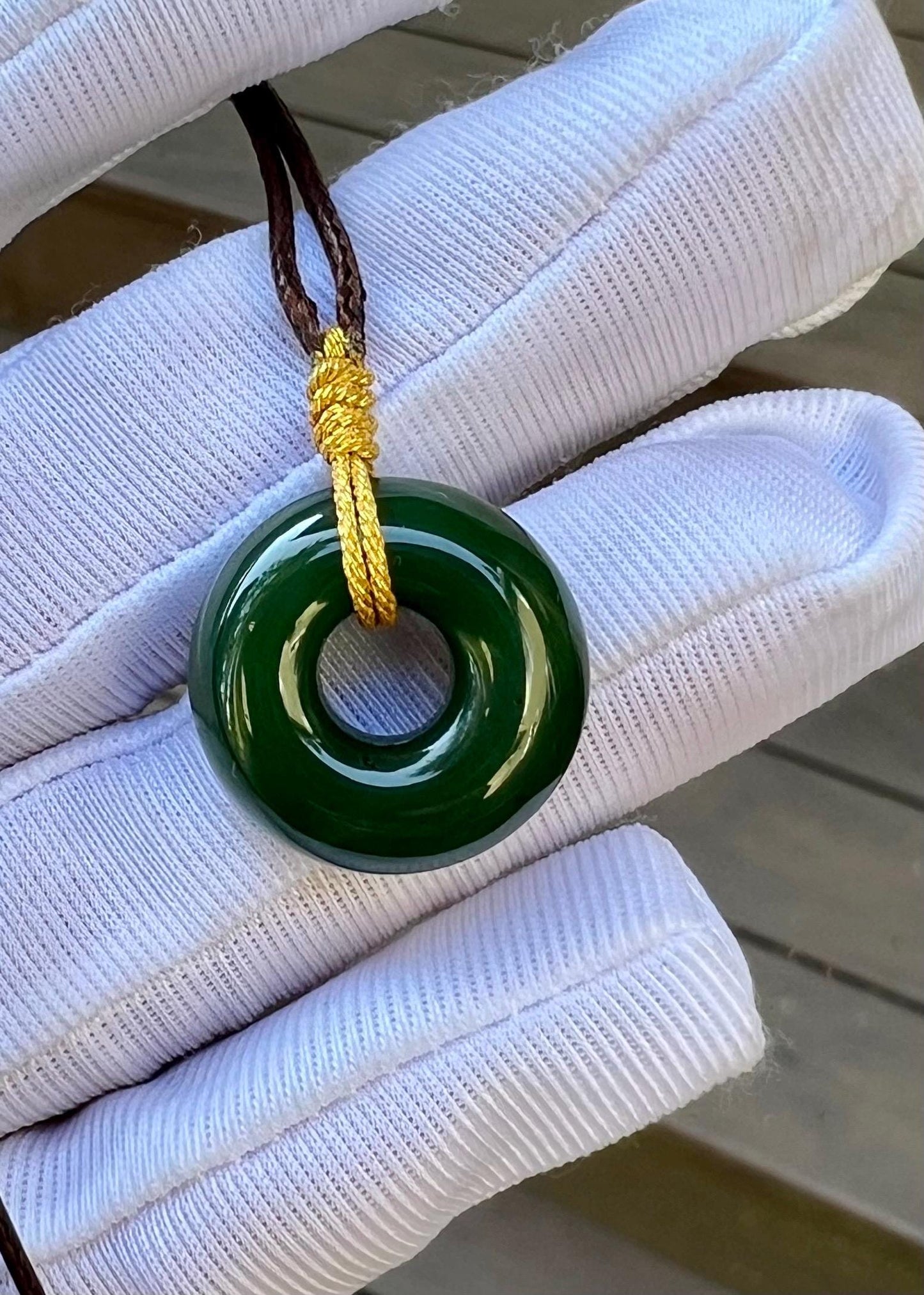 Green Nephrite Jade Donut Pendant Necklace: Natural Stone Safety Charm #3513