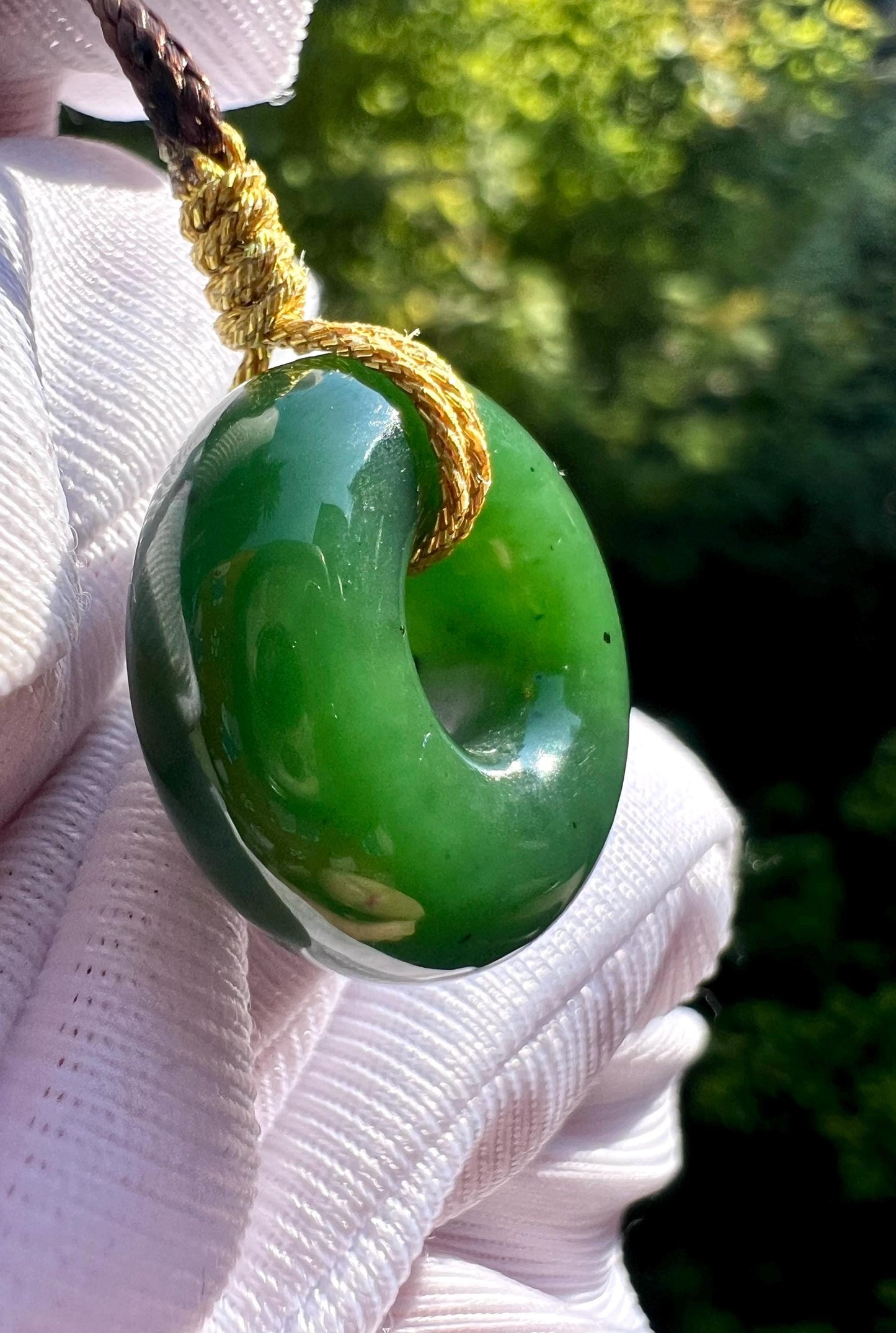 Green Nephrite Jade Donut Pendant Necklace: Natural Stone Safety Charm #3513
