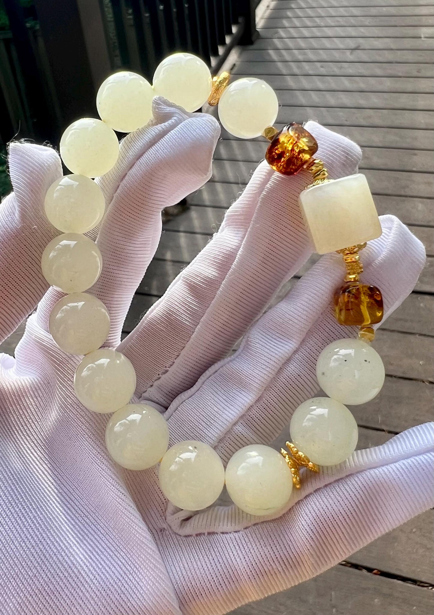 Certified natural jade/Light honey color nephrite Bracelet/天然软玉手串 浅蜜色/搭配肉粉色软玉方珠 #6339