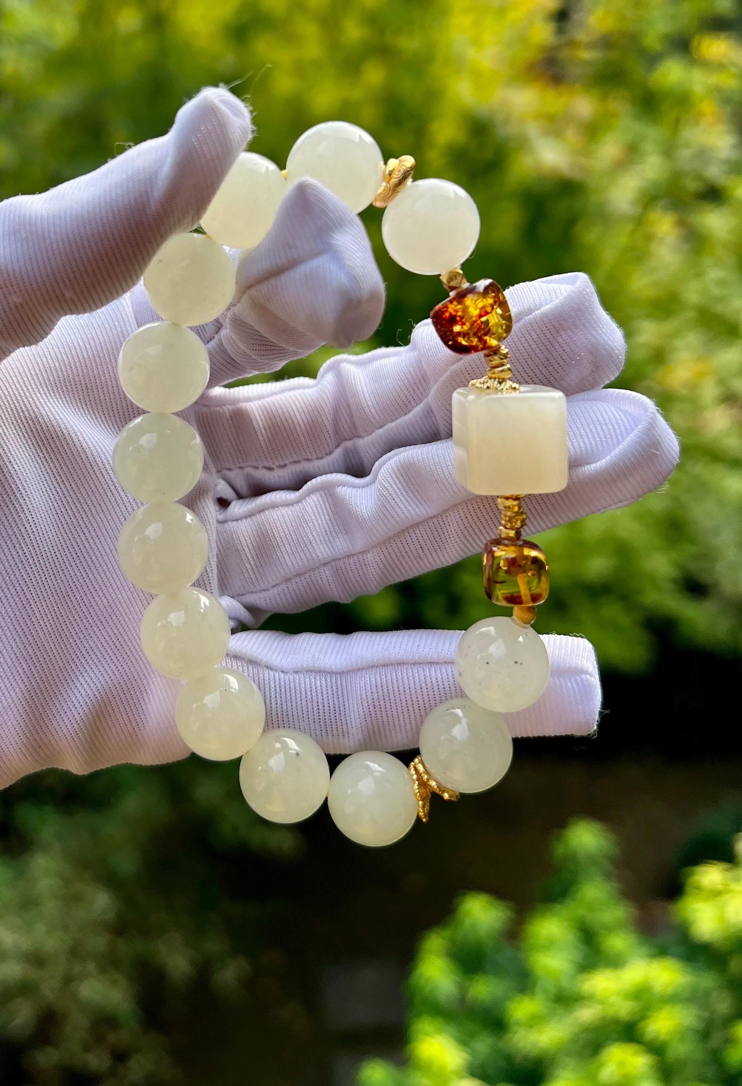 Certified natural jade/Light honey color nephrite Bracelet/天然软玉手串 浅蜜色/搭配肉粉色软玉方珠 #6339