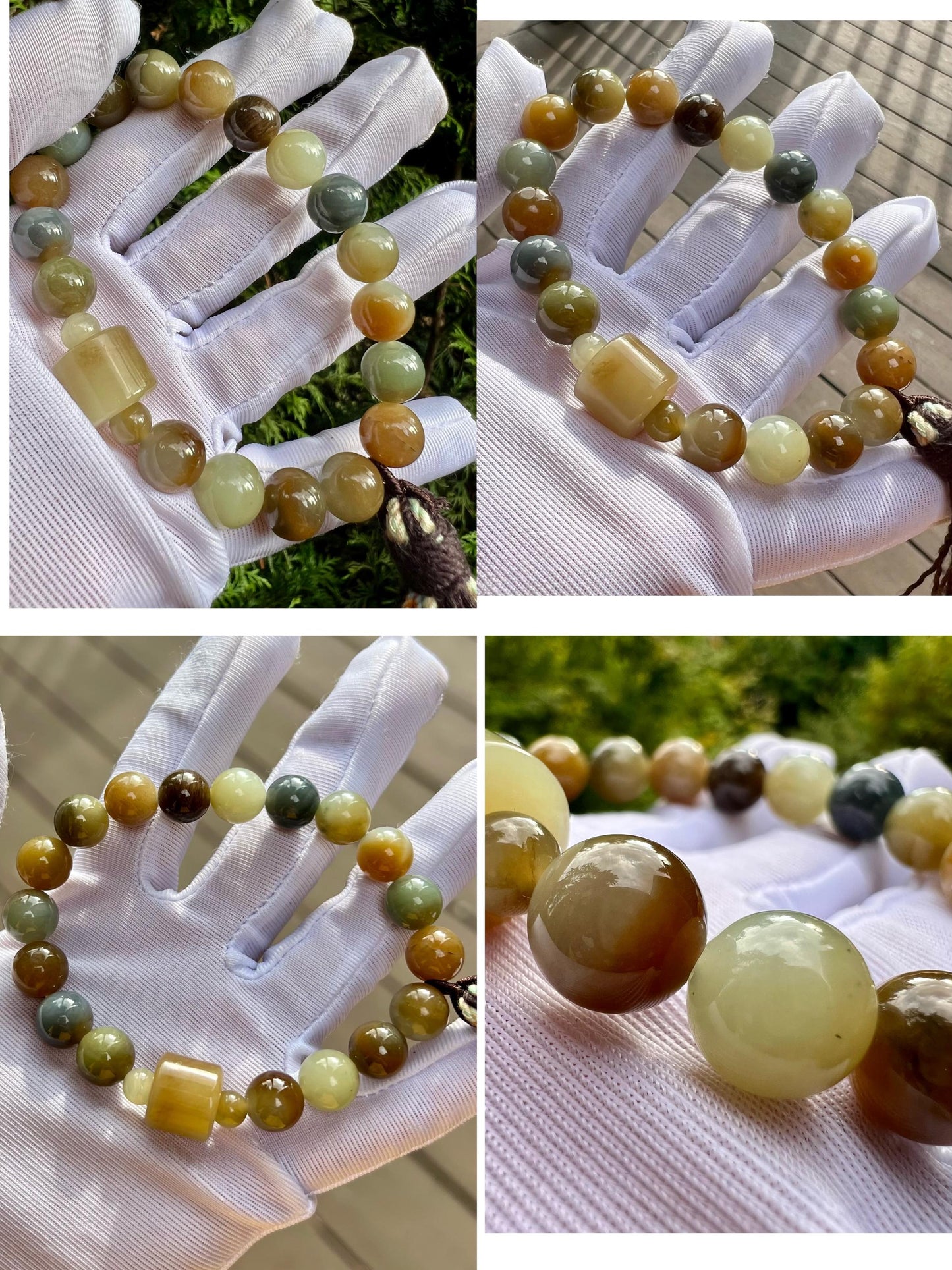 9.8mm Certified natural jade /Brown Qinghua blue multi color nephrite bracelet天然软玉 三色手串 糖玉青花蓝青玉 油熟细糯#7166 搭配糖白桶珠