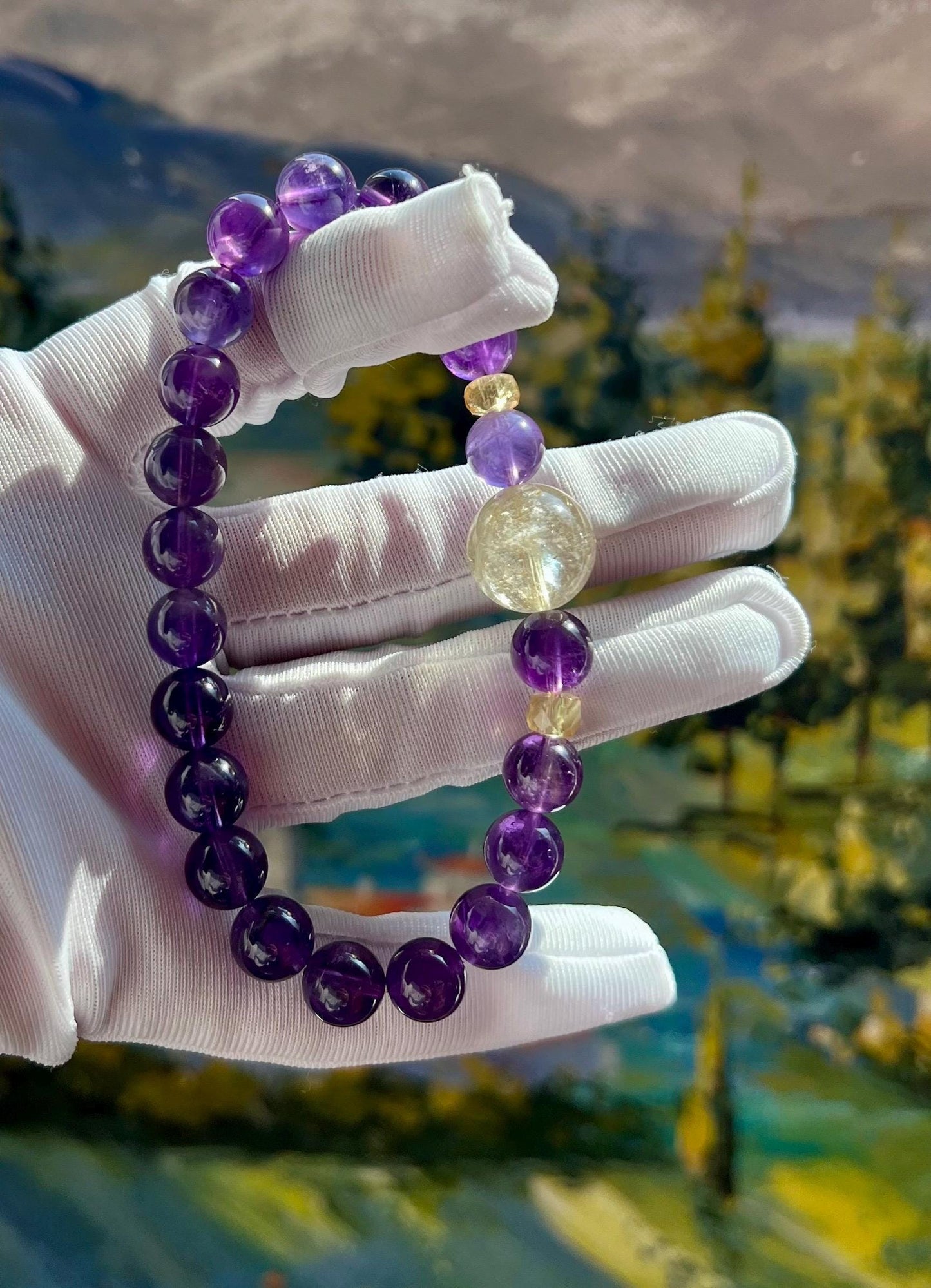 8.6mm+ Natural amethyst bracelet/Uruguay dark purple amethyst /with golden rutilated quartz and Citrine beads 天然紫水晶手串 搭配金发晶圆珠