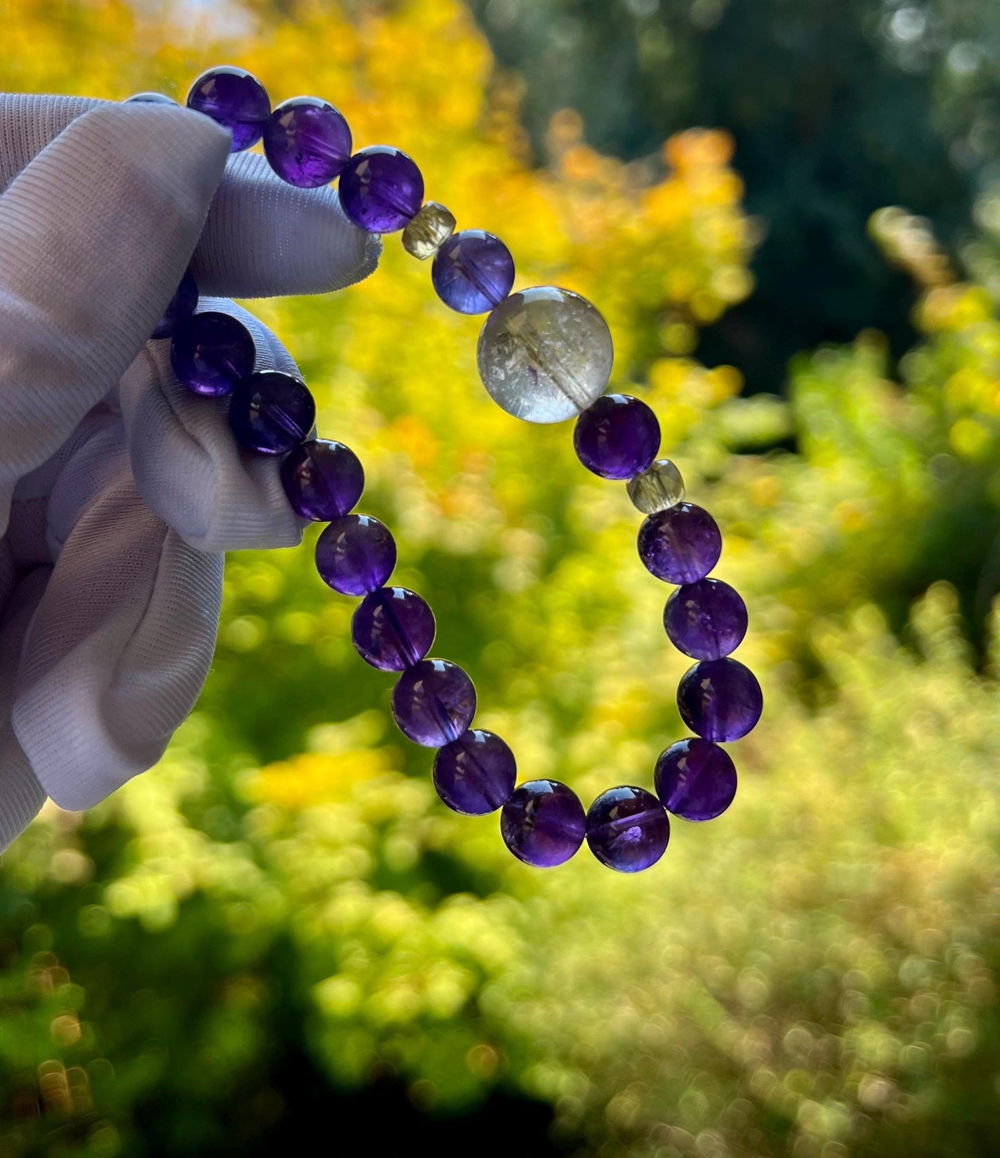 8.6mm+ Natural amethyst bracelet/Uruguay dark purple amethyst /with golden rutilated quartz and Citrine beads 天然紫水晶手串 搭配金发晶圆珠