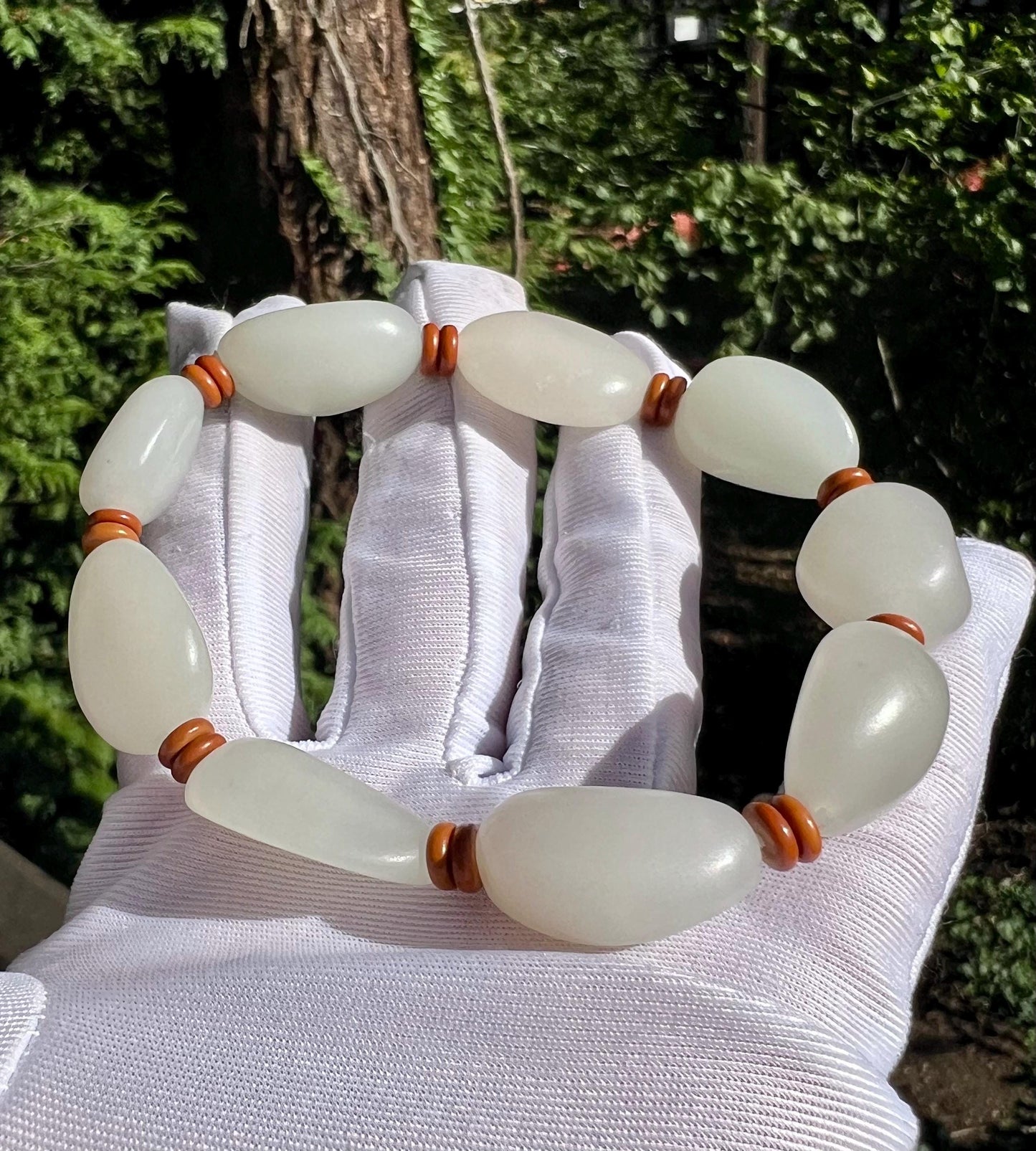Certified natural jade white Nephrite bracelet/freeform beads 天然白玉 随形手串 #0395