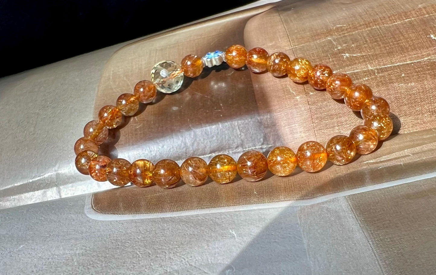 6.5mm+ Certified natural copper rutilated quartz Bracelet/red copper hair bracelet 天然 铜发晶手串 红铜发 #9594 搭配刻面黄水晶