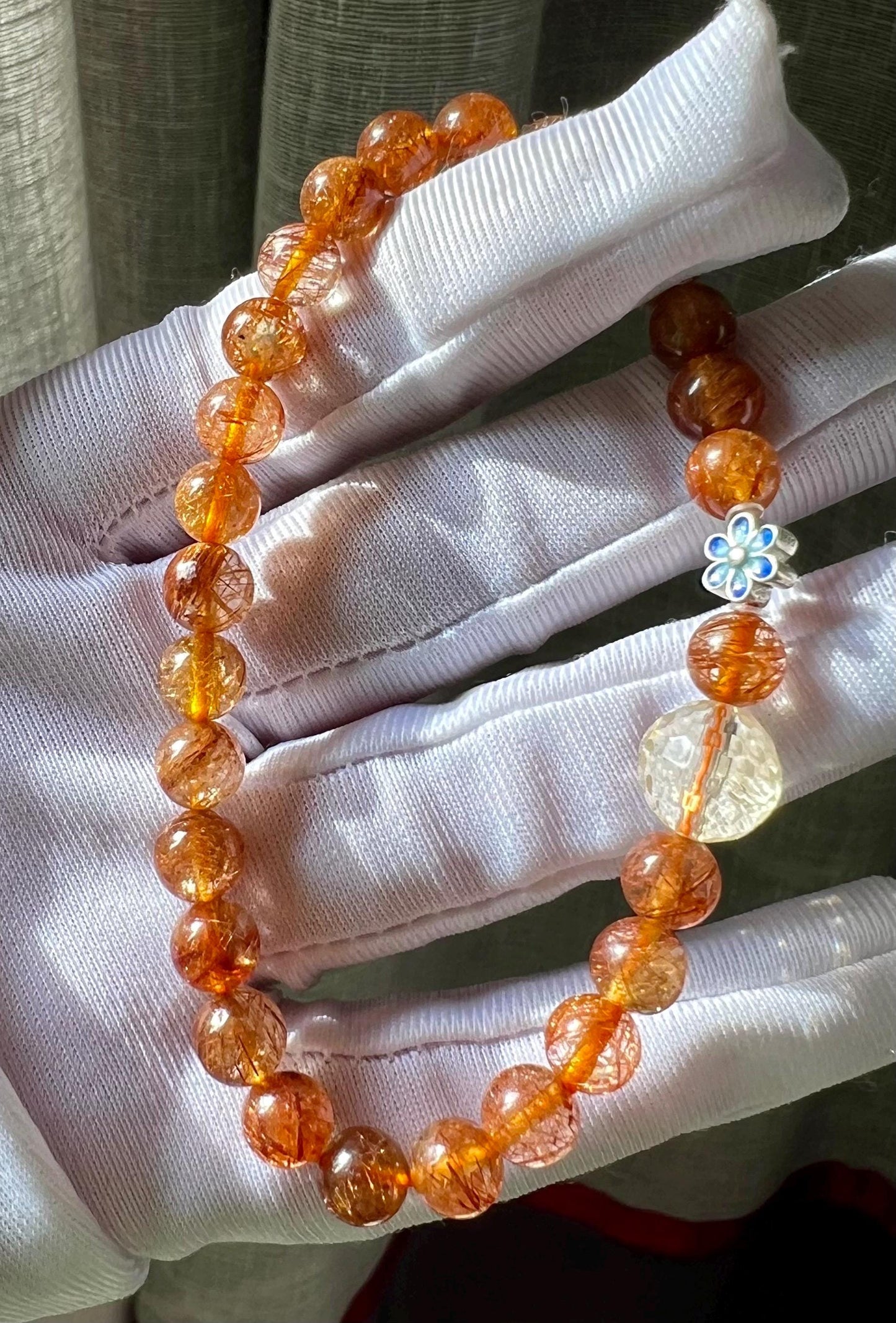 6.5mm+ Certified natural copper rutilated quartz Bracelet/red copper hair bracelet 天然 铜发晶手串 红铜发 #9594 搭配刻面黄水晶